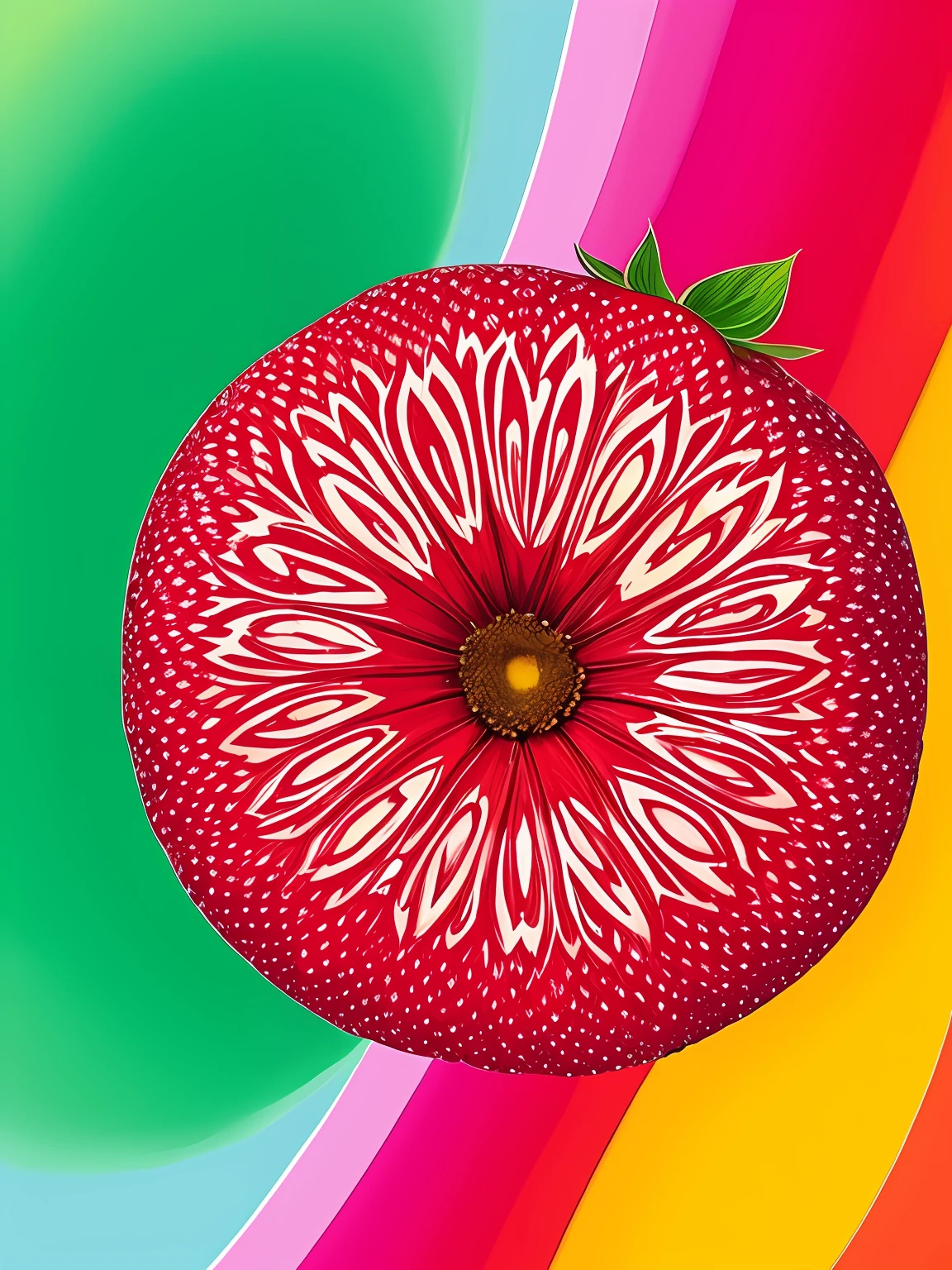 "Imagine uma obra de arte retratando um suculento, mMORANGO colorida, Bright as a rainbow. The MORANGO is the central point of the composition, com suas formas e contornos suaves, convidando os espectadores a apreciarem sua beleza. The color palette is vibrant and lush, with rich and vivid tones that blend harmoniously on the surface of the strawberry. Vermelhos intensos, laranjas brilhantes, amarelos dourados, verdes exuberantes, azuis profundos e roxos encantadores criam uma sinfonia de cores que envolvem a fruta. Small details of light and shadow add depth and realism to the image, Making the strawberry look almost palpable. Through this artistic representation, The strawberry turns into a symbol of vitality, frescor e alegria, cativando os espectadores e convidando-os a saborear sua beleza colorida." ,EDUARDO KOBRA