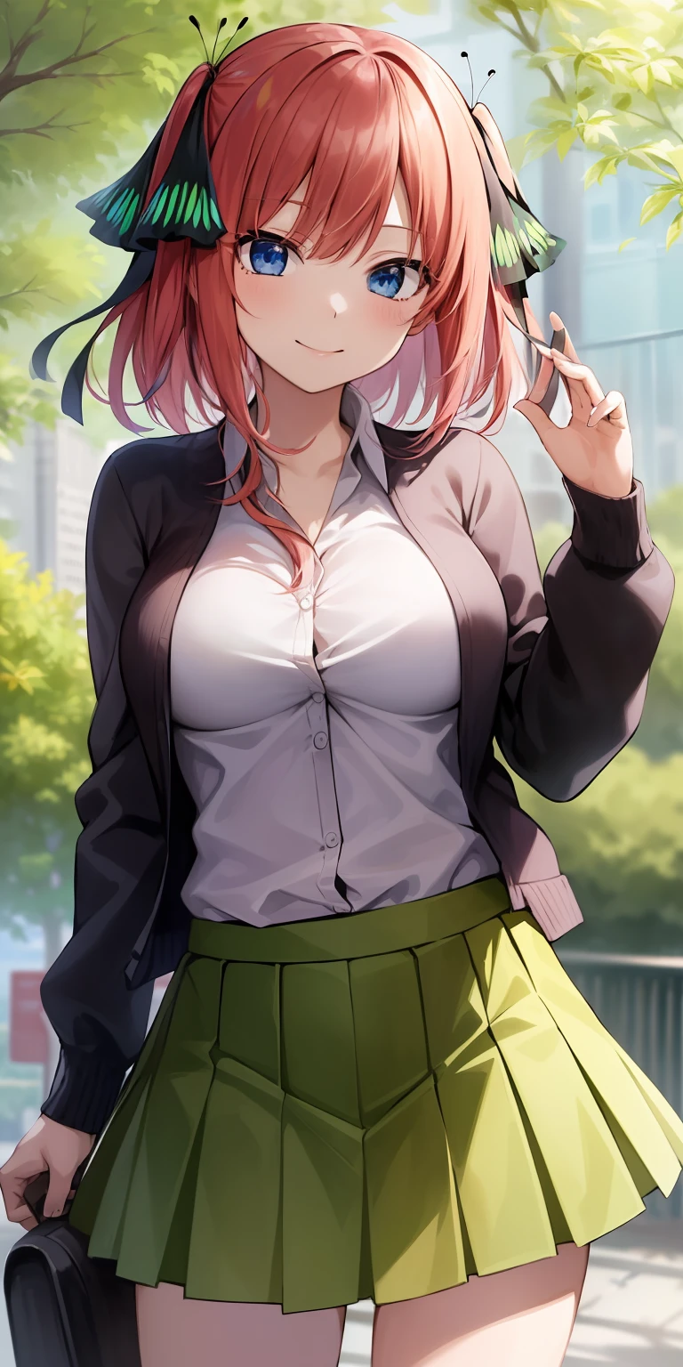 2d, masterpiece, best quality, anime, highly detailed, 1girl, solo, cowboy shot, nakano nino, pink hair, butterfly hair ornament, black cardigan, collared shirt, green skirt, miniskirt, medium breasts, standing, school, outdoors, smile