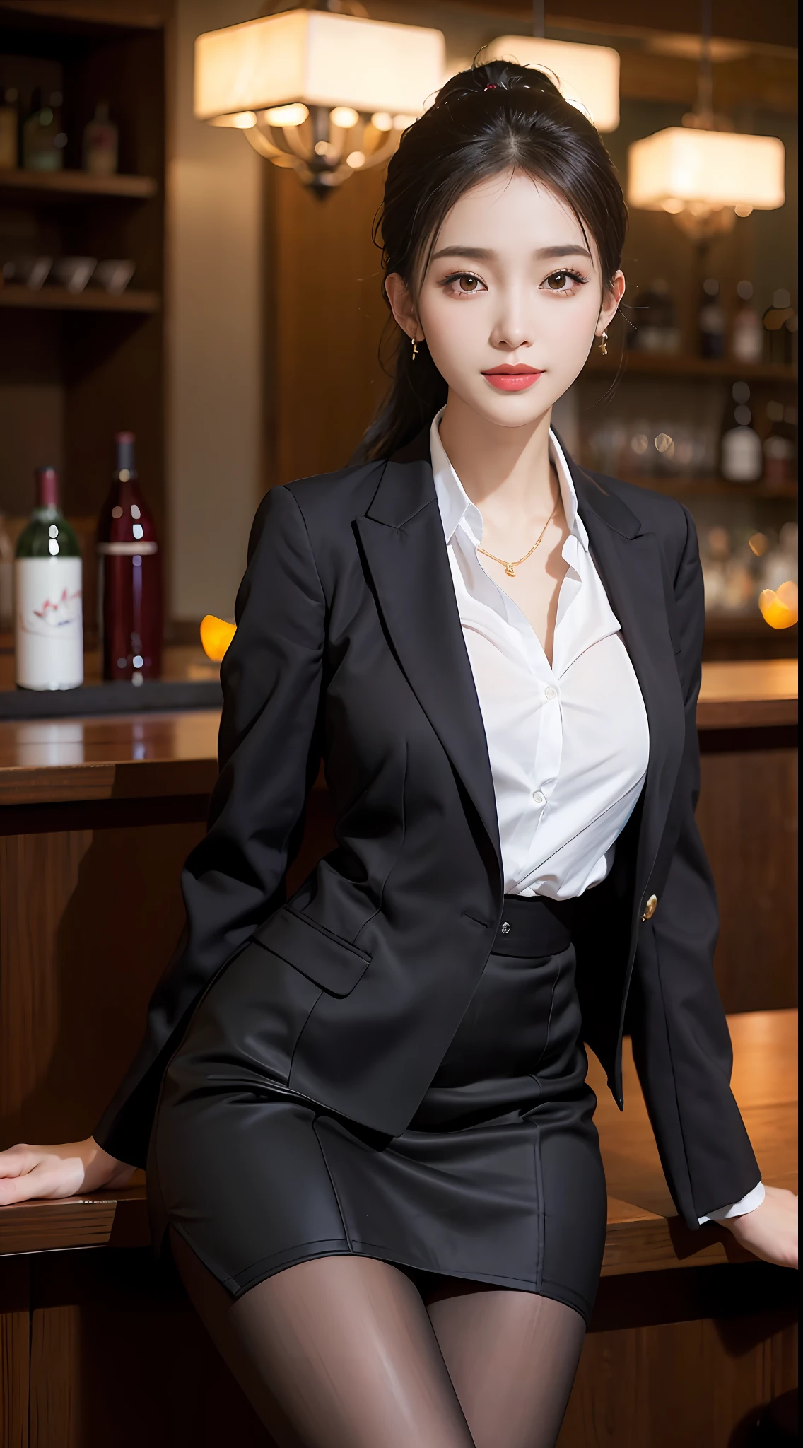 Sophisticated, masterpiece, beautiful details, colorful, fine details, delicate lips, intricate details, big breasts, 1 female, (a beautiful 20 year old cute Korean female: 1.1), (kpop idol, mixed Korean), ( 50mm Sigma f /1.4 ZEISS lens, F1.4, 1/800s, ISO 100, photograpy:1.1), (ponytail+black hair:1.2), (photorealistic:1.4), (spy:1.2), (open jacket, shirt, skirt, tie, black pantyhose, christian louboutin\(brand\),: 1.3), earrings, necklace, armband, (tavern, bar: 1.2), (beautiful legs, tall girl, skinny, slim_legs, thigh_gap, model :1.2), lens flare, viewed from the front, (happy smile: 1.1), dynamic pose, (makeup: 1.2), sitting on a bar stool,