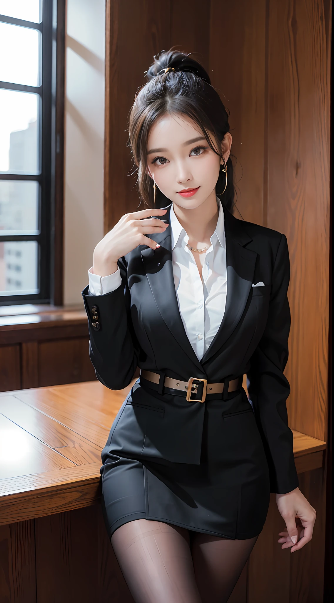 Sophisticated, masterpiece, beautiful details, colorful, fine details, delicate lips, intricate details, big breasts, 1 female, (a beautiful 20 year old cute Korean female: 1.1), (kpop idol, mixed Korean), ( 50mm Sigma f /1.4 ZEISS lens, F1.4, 1/800s, ISO 100, photograpy:1.1), (ponytail+black hair:1.2), (photorealistic:1.4), (spy:1.2), (open jacket, shirt, skirt, tie, black pantyhose, christian louboutin\(brand\),: 1.3), earrings, necklace, armband, (tavern, bar: 1.2), (beautiful legs, tall girl, skinny, slim_legs, thigh_gap, model :1.2), lens flare, viewed from the front, (happy smile: 1.1), dynamic pose, (makeup: 1.2), sitting on a bar stool,