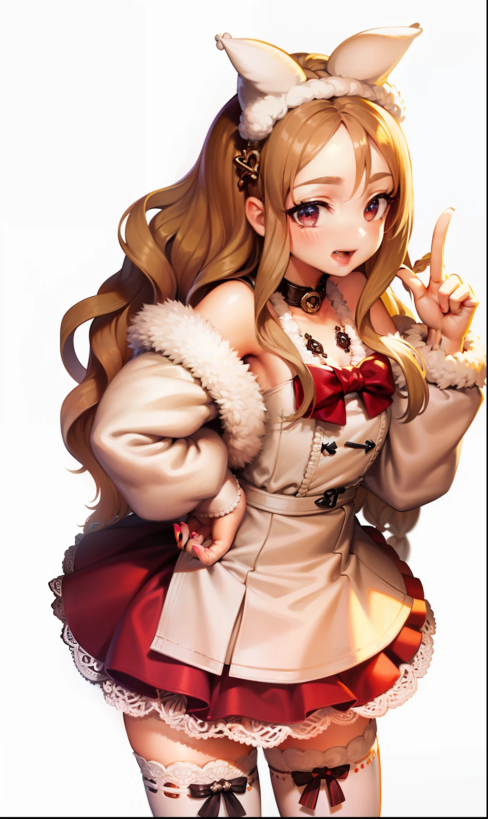 Girl with fingers up，Wearing white furry clothes，White headdress on the head，