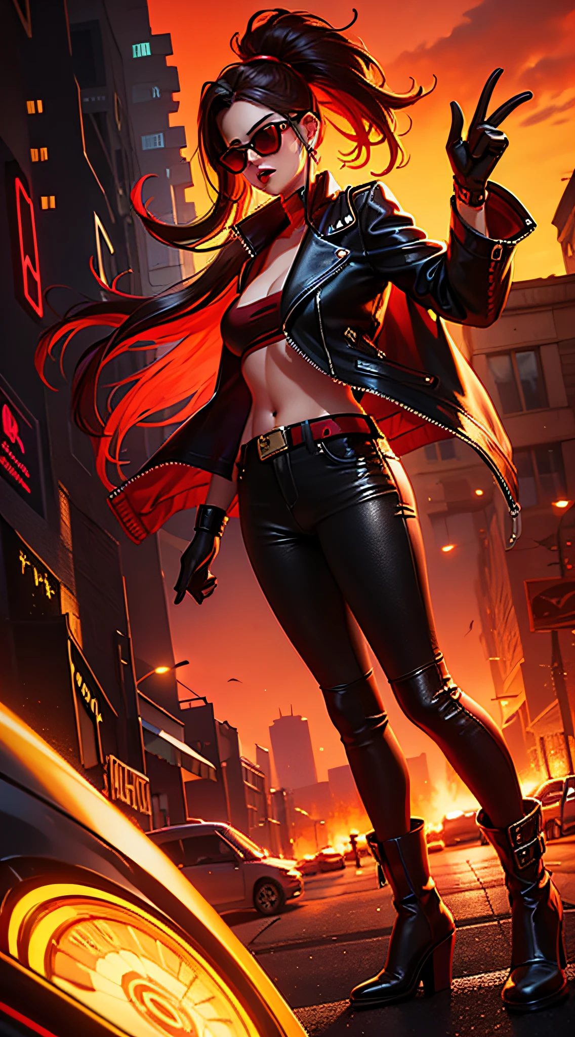 A woman in a leather jacket with red sunglasses and a city behind her, in the style of neon realism, charming characters, action paintings, gadgetpunk, solapunk, colorful street scenes, crimson and amber