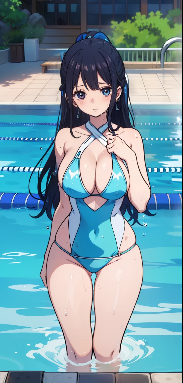 1 Girl, Watery Big Eyes*Sukumizu*Wet Hair*Hair Spread Out*Ear Stud*Swimming Pool, lora:add_detail, big chest, thick legs, big thighs, standing