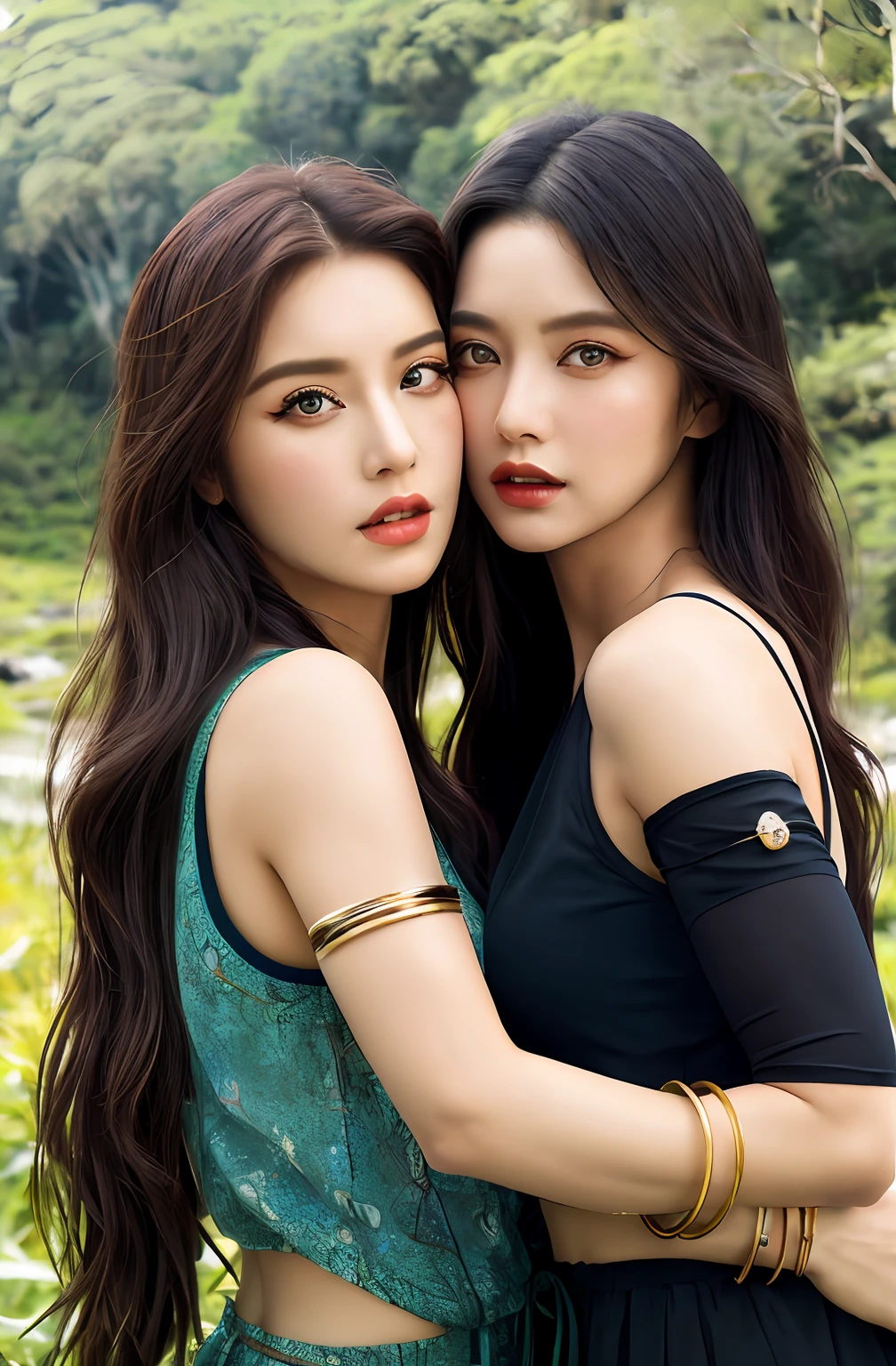 ((Realistic:1.5)),Ulzzang-6500:1.3,((Best quality)), ((Masterpiece)),((Detailed)),2girls,duo,{2 beautiful women}, (Upper body:1.3),Hug and touch each other, Tease your friend's waist, Breathless friends, Biting a friend's earlobe, crouched,super wide shot,Face focus, Long legs,Curvy, Barefoot,Wide hips, Thin legs, Oversized eyes,Long eyelashes, (Detailed face,beautidful eyes, detailedpupils,detailed clothes features, Clear background:1.3), (armlets, bangle:1.3), Mysterious ancient ruins, floresta exuberante, Deep canyon,bridge,River,cliff,Cloud,lakes,Rock music,Waterfalls, Flowers, Grass,grape trees,tree,bright detail,Sharp,Perfect compounding, Intricate, Sharp focus, Dramatic,