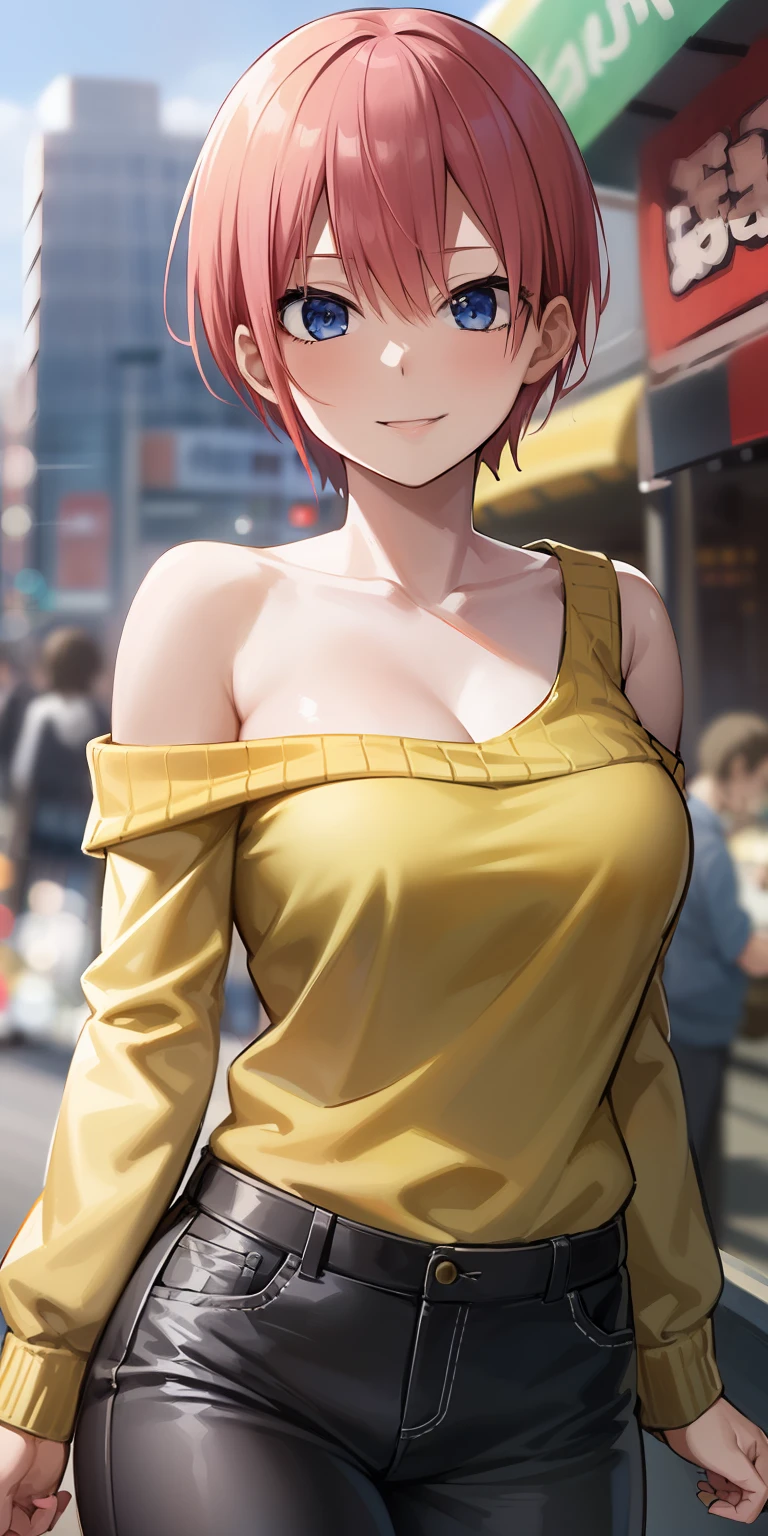 2d, masterpiece, best quality, anime, highly detailed, 1girl, solo, cowboy shot, nakano ichika, pink hair, short hair, yellow sweater, off-shoulder sweater, collarbone, long sleeves, (black bra), medium breasts, smile, outdoors, city