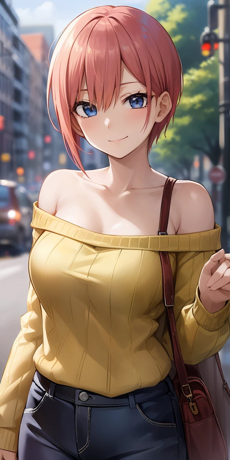 2d, masterpiece, best quality, anime, highly detailed, 1girl, solo, cowboy shot, nakano ichika, pink hair, short hair, yellow sweater, off-shoulder sweater, collarbone, long sleeves, (black bra), medium breasts, smile, outdoors, city