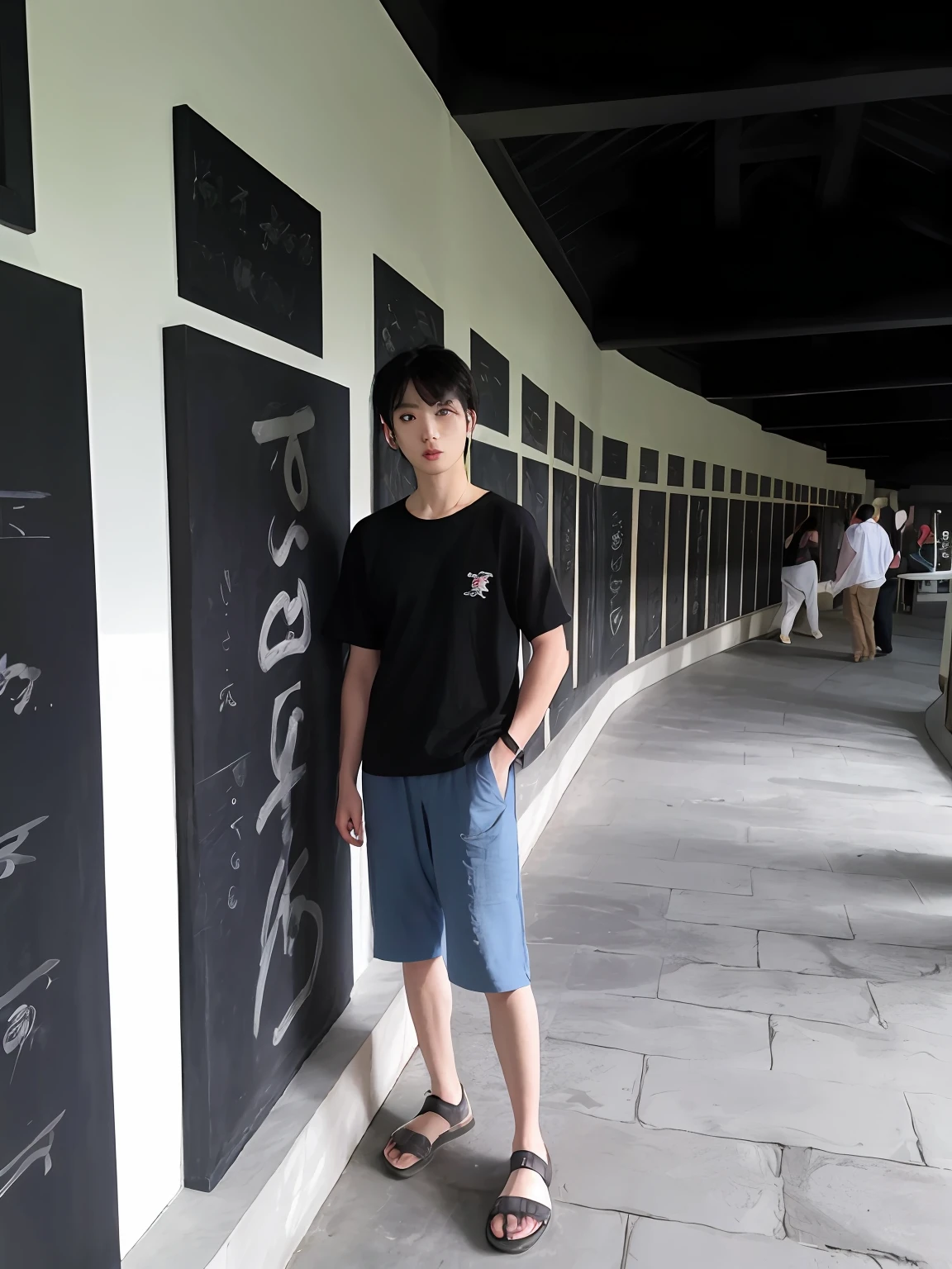 The Araffed man stood in front of the wall,Chalk drawings on the walls, inspired by Zhang Zongcang, inspired by Huang Gongwang, inspired by Wen Zhengming, inspired by Zhao Mengfu, inspired by Huang Binhong, inspired by Zhao Yong, inspired by Ding Yunpeng, Inspired by Yang Weizhen, wenjun lin