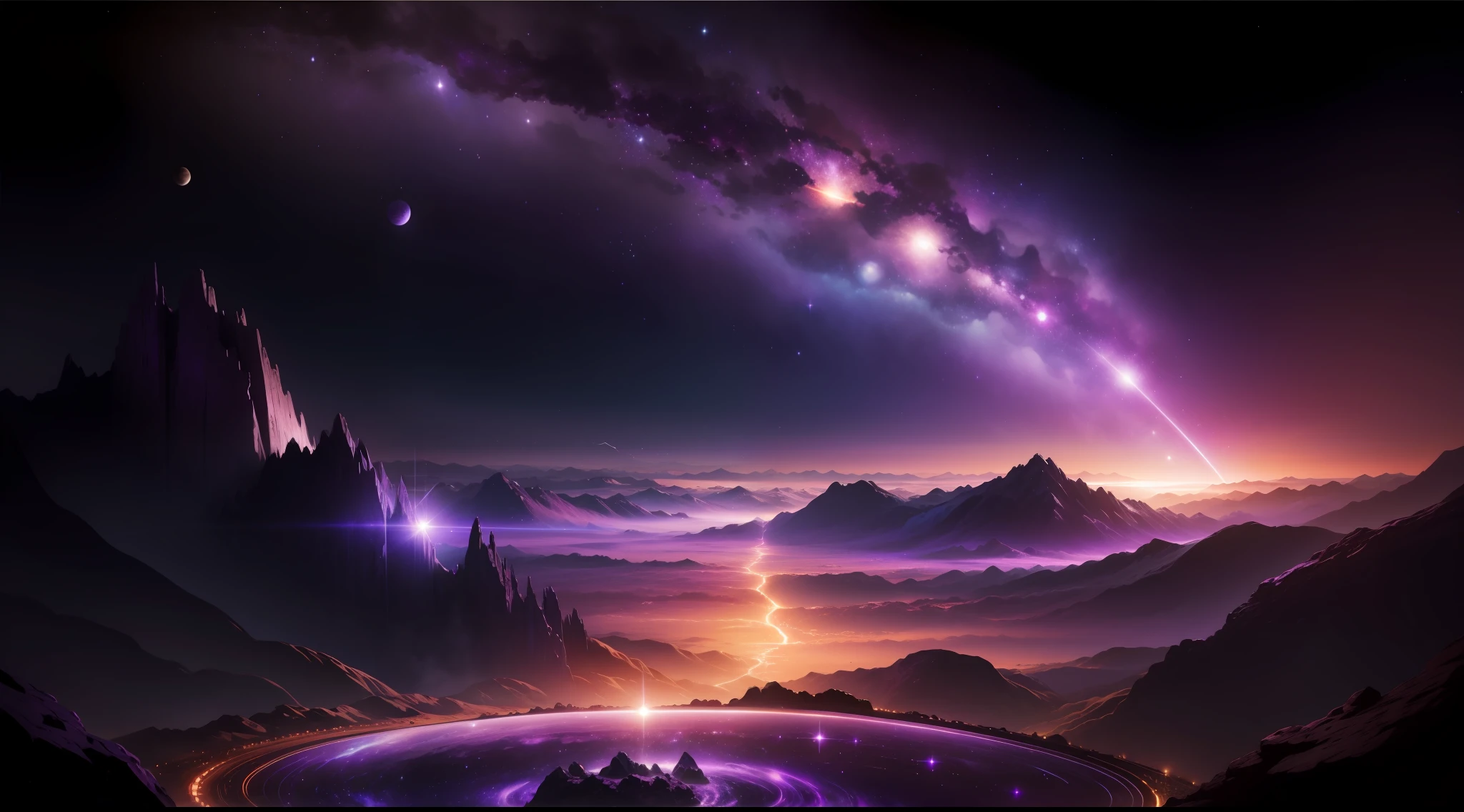 Purple starry sky,There are big planets in the middle,The planet is surrounded by asteroids