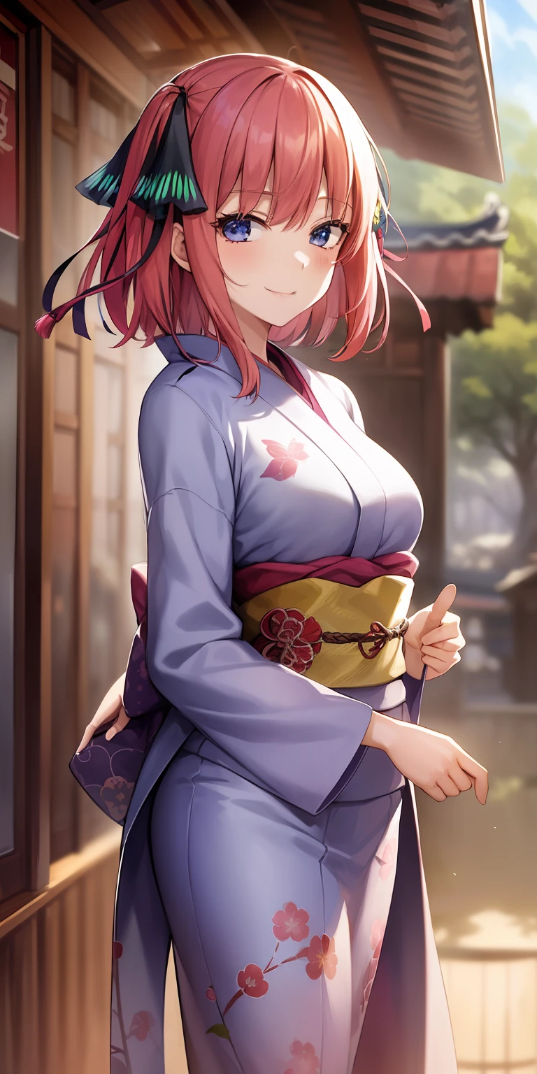 2d, masterpiece, best quality, anime, highly detailed, 1girl, solo, cowboy shot, nakano nino, pink hair, butterfly hair ornament, japanese clothes, purple kimono, medium breasts, smile, east asian architecture