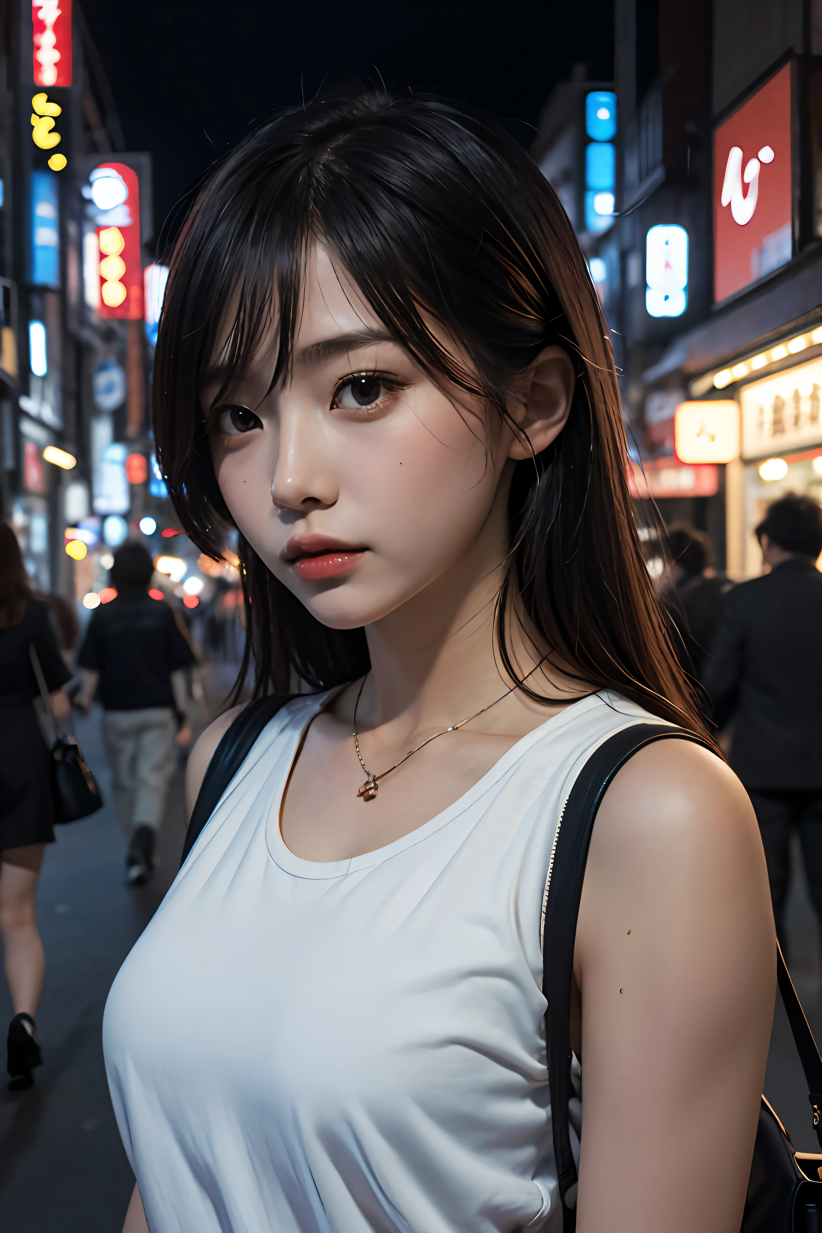 1girl, Tokyo street,night, cityscape,city lights, upper body,close-up, 8k, RAW photo, best quality, masterpiece,realistic, photo-realistic,