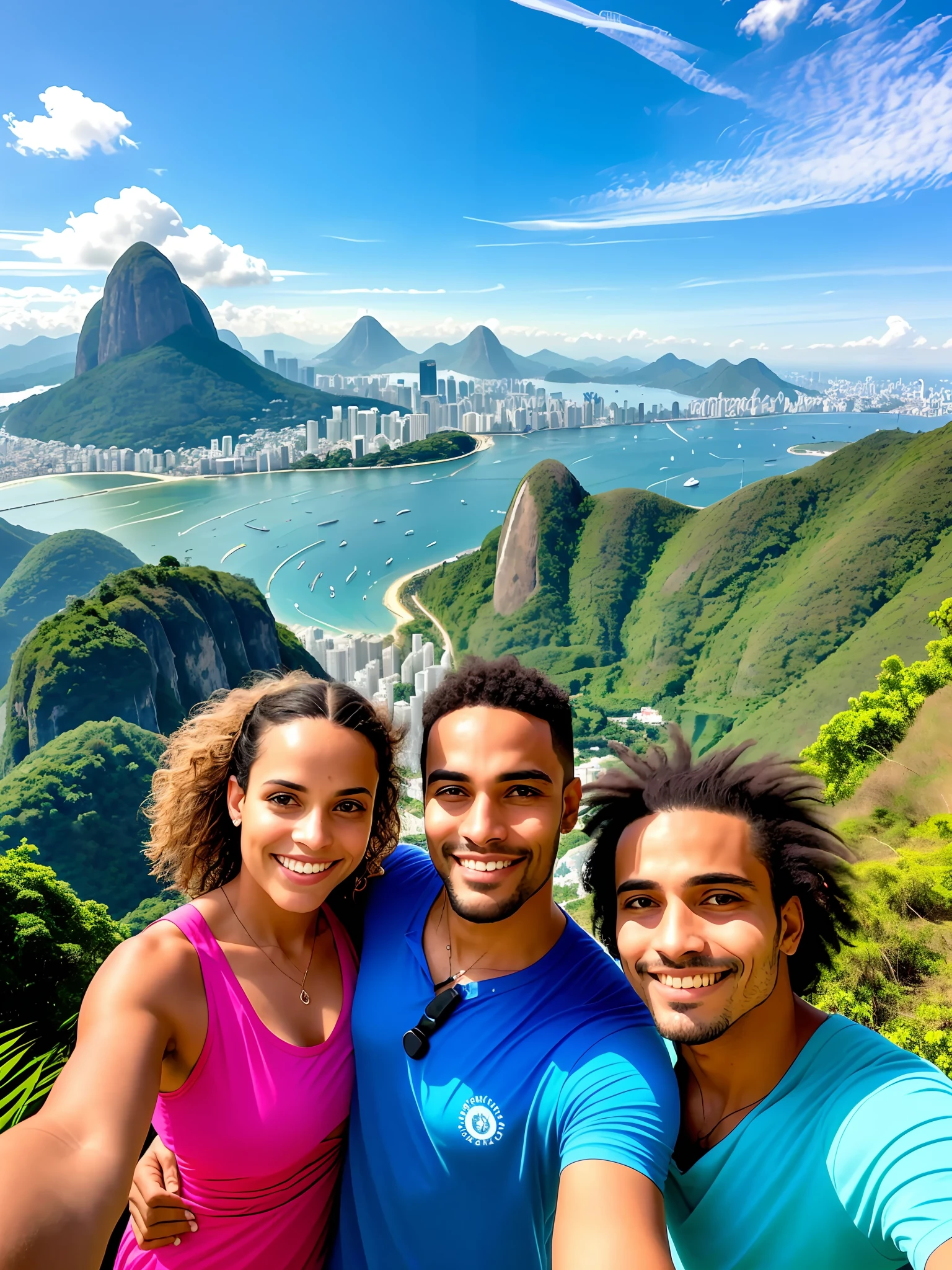 there is a man and woman taking a selfie together, rio de janeiro, with mountains in the background, with mountains in background, david rios ferreira, by Felipe Seade, by Nándor Katona, andrea rocha, malika favre, by Sam Dillemans, caroline gariba, with mountains as background, by Paulus Decker