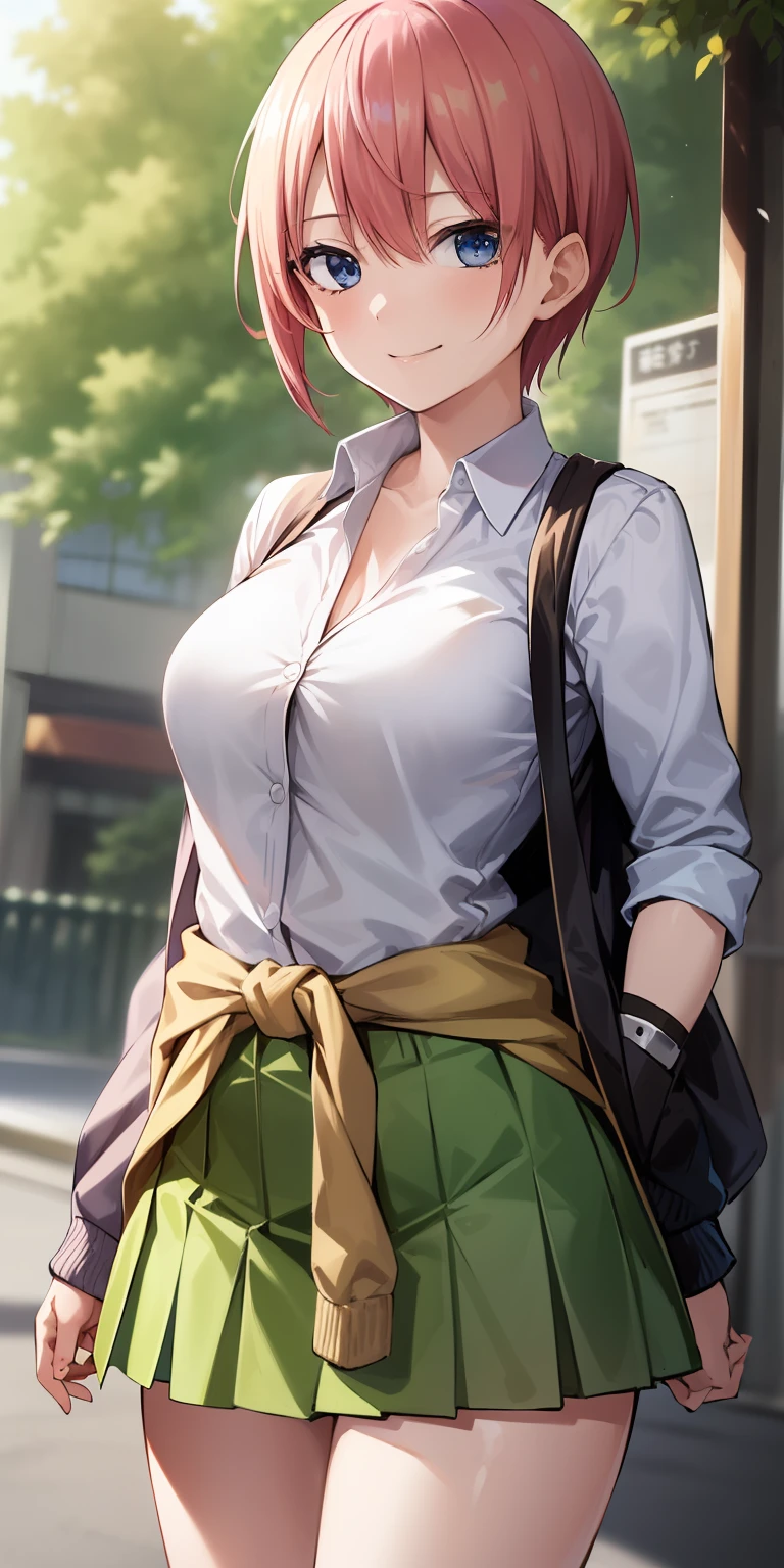 2d, masterpiece, best quality, anime, highly detailed, 1girl, solo, cowboy shot, nakano ichika, pink hair, short hair, cardigan around waist, collared shirt, green skirt, miniskirt, medium breasts, standing, school, outdoors, smile