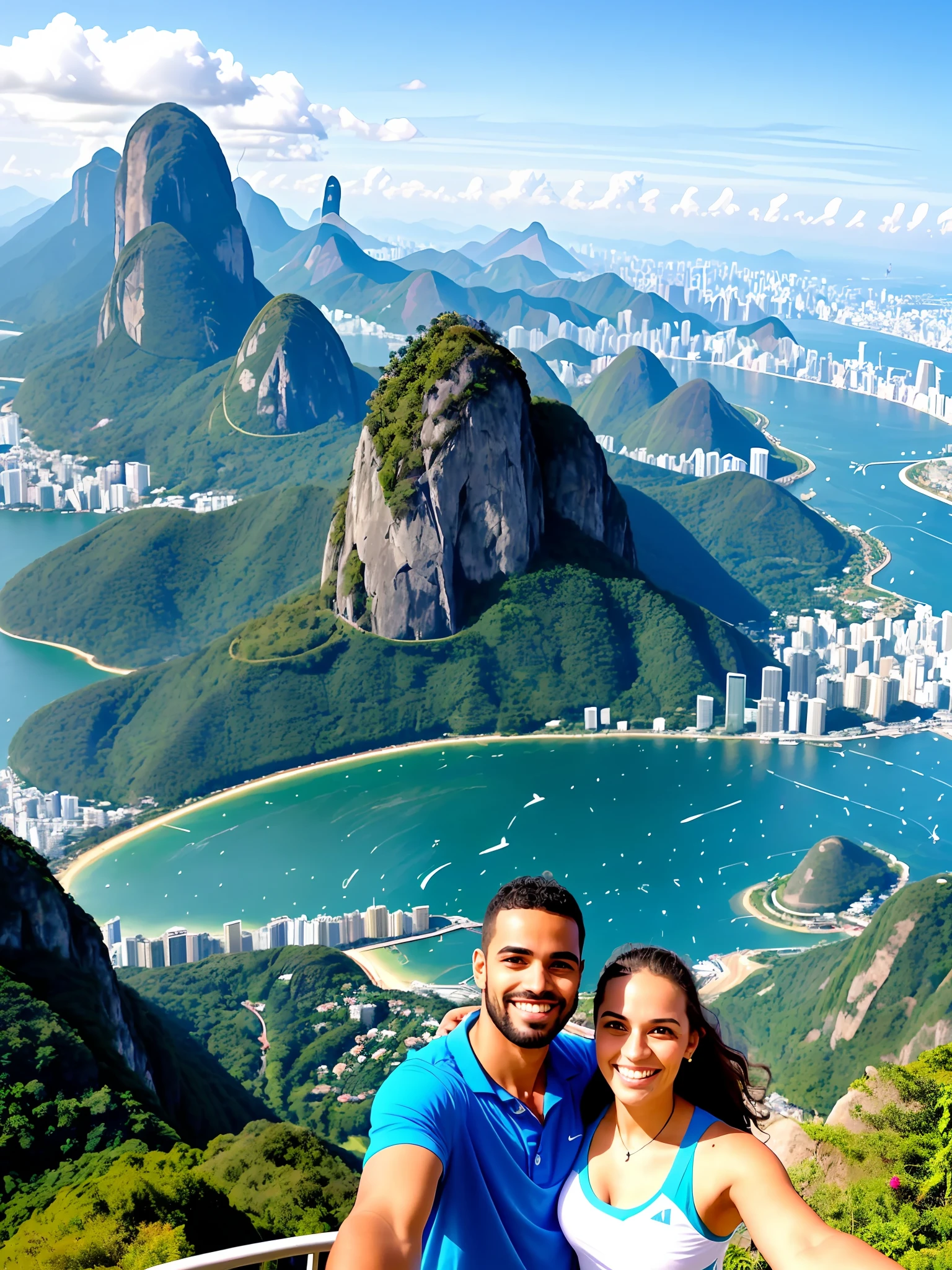 there is a man and woman taking a selfie together, rio de janeiro, with mountains in the background, with mountains in background, david rios ferreira, by Felipe Seade, by Nándor Katona, andrea rocha, malika favre, by Sam Dillemans, caroline gariba, with mountains as background, by Paulus Decker