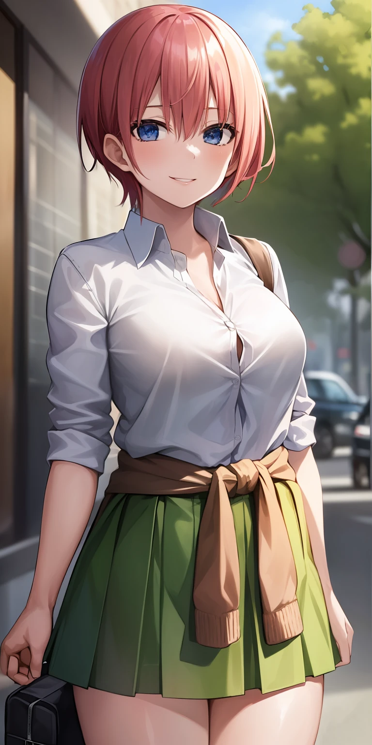 2d, masterpiece, best quality, anime, highly detailed, 1girl, solo, cowboy shot, nakano ichika, pink hair, short hair, cardigan around waist, collared shirt, green skirt, miniskirt, medium breasts, standing, school, outdoors, smile