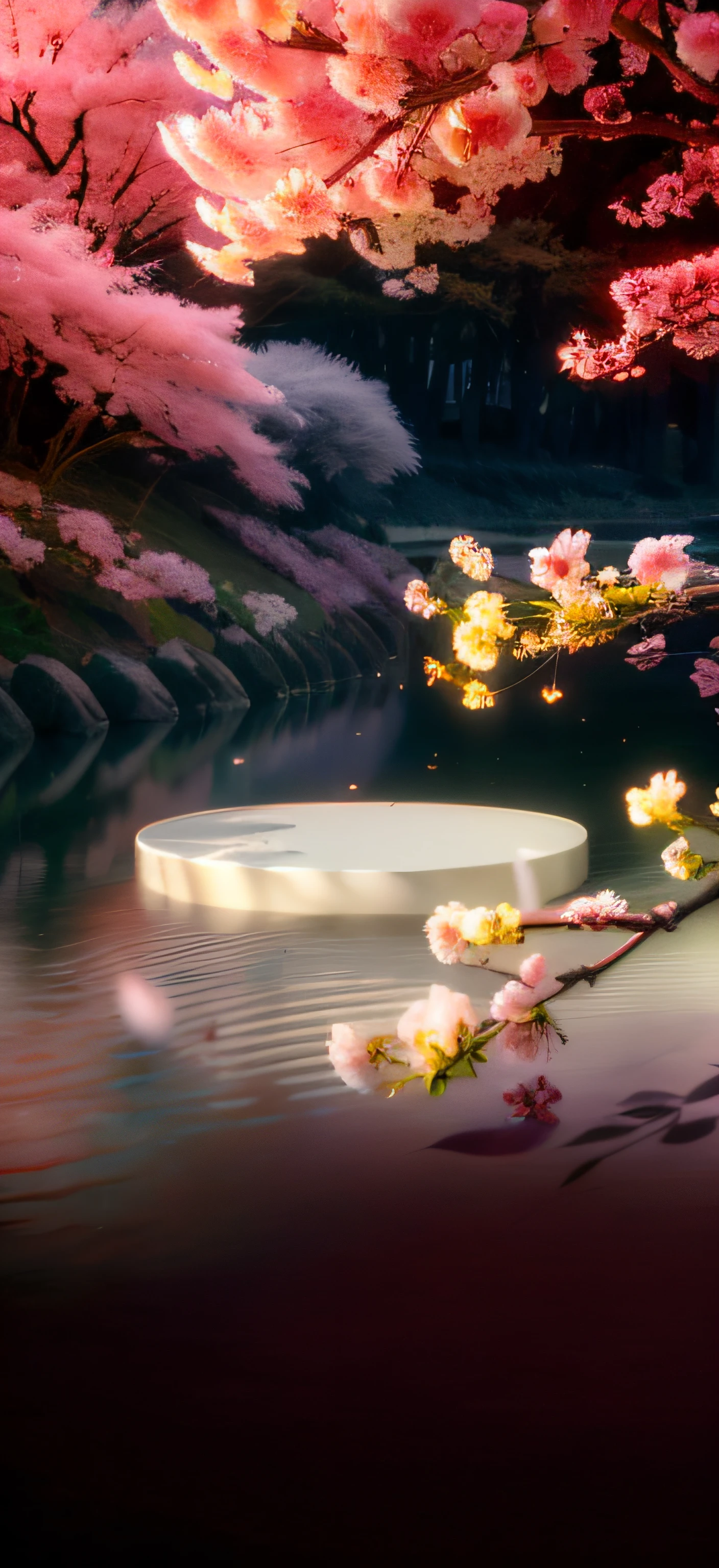 There is a picture of a beautiful cherry blossom tree,There is a white plate on it, sakura season dynamic lighting, flowing sakura silk, lush sakura, Japan. voluminetric lighting, flowing sakura-colored silk, sakura petals around her, falling cherry blossoms pedals, falling cherry blossom pedals, Cherry blossom forest, sakura season, falling cherry blossom pedals, falling cherry blossoms pedals, sakura season dynamic lighting, japonisme 3 d 8 k ultra detailed, 3 d stylize scene, surreal waiizi flowers, pop japonisme 3 d ultra detailed, floral environment, backside of scenography elements, flowing sakura silk,green leaf,yellowflower,red flower,designs,red colour,Romantic,Flooring,platforms,Impresionismo,Van Gogh,Red flower,tree branch,branches,k hd,high-class,Atmospheric scenes,stage,ventania,Snowflakes fluttering