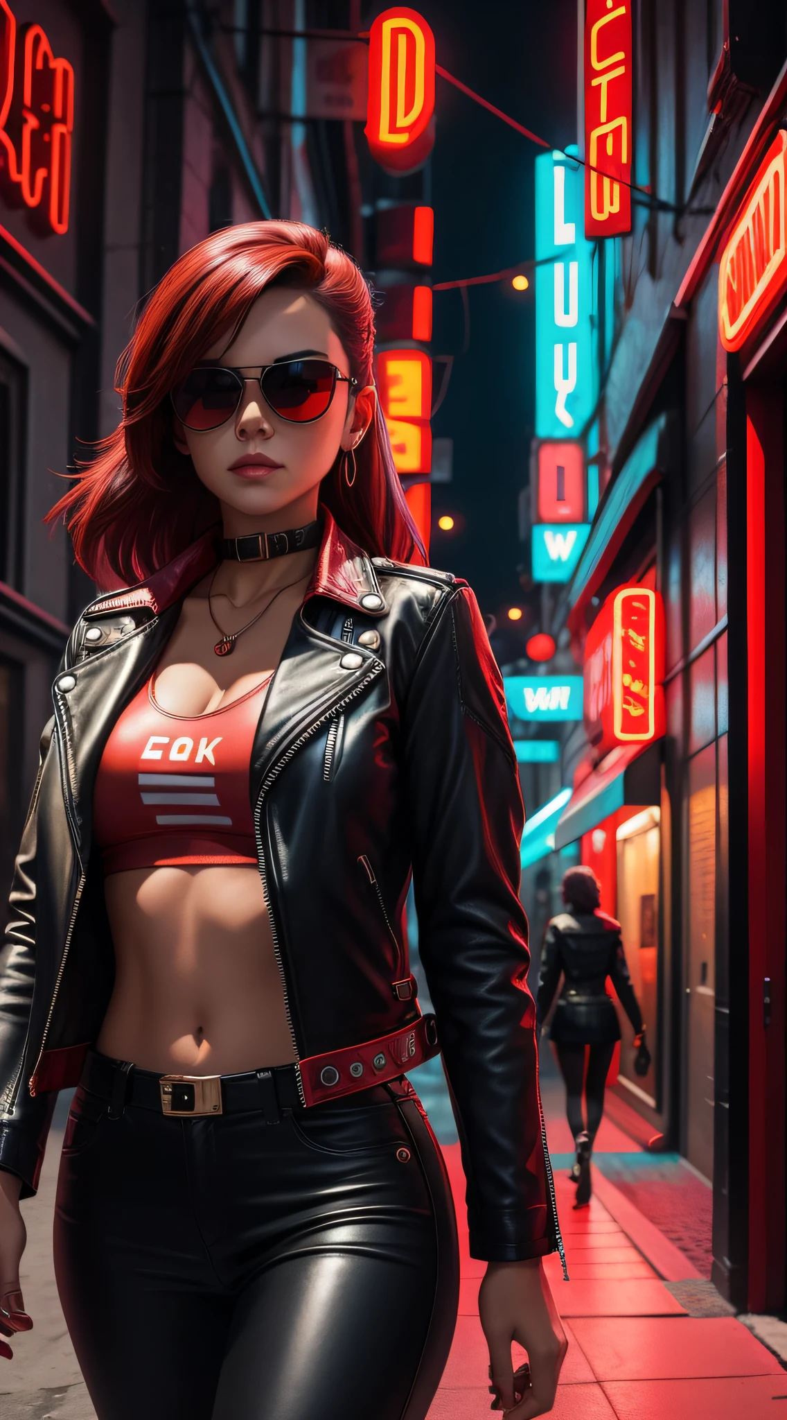 A woman in a leather jacket with red sunglasses and a city behind her, in the style of neon realism, charming characters, action paintings, gadgetpunk, solapunk, colorful street scenes, crimson and amber