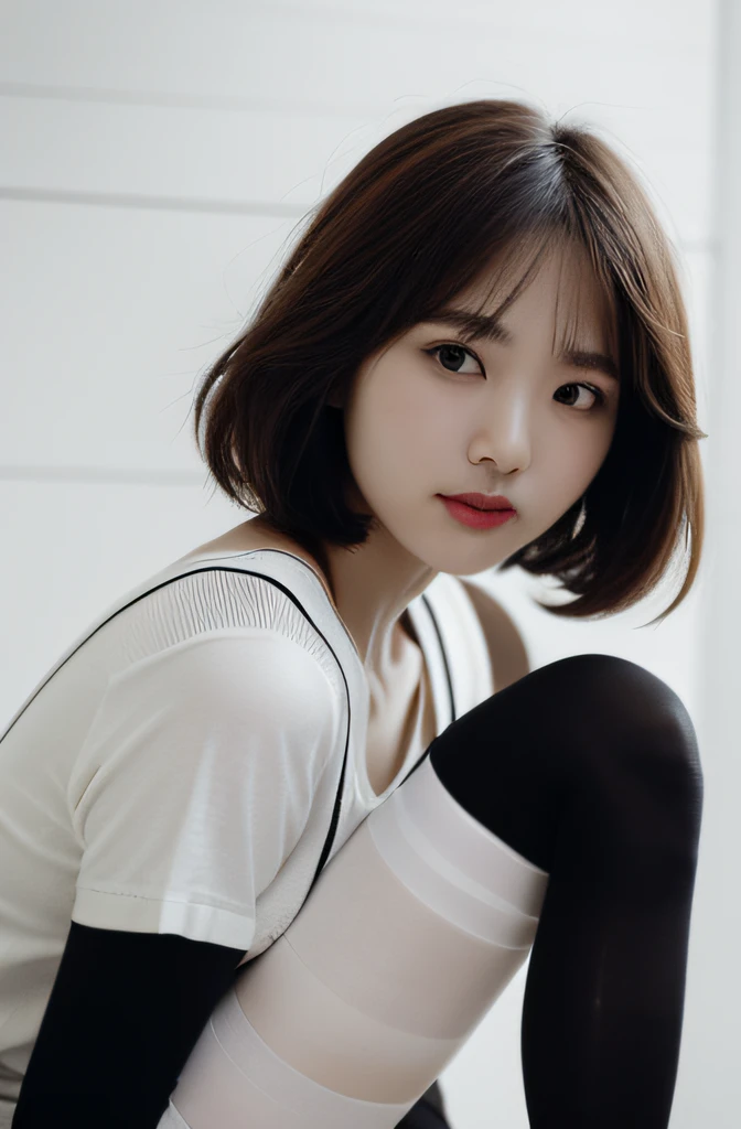 Photo of a Beautiful Korean kpop idol Woman, Summer, lecherous, filmgrain, Ilford HP5, 80mm((Realistic lighting, best qualtiy, 8k, tmasterpiece:1.3)), sharp fokus:1.2, 1girl, Beautiful Women with Perfect Figure:1.4, Slim abs:1.1, ((dark brown hair)), (white dresses:1.4),(exteriors,during night:1.1),the city street,Ultra-fine face,Fine eyes,二重まぶた,(Knee-length black stockings:1.5)