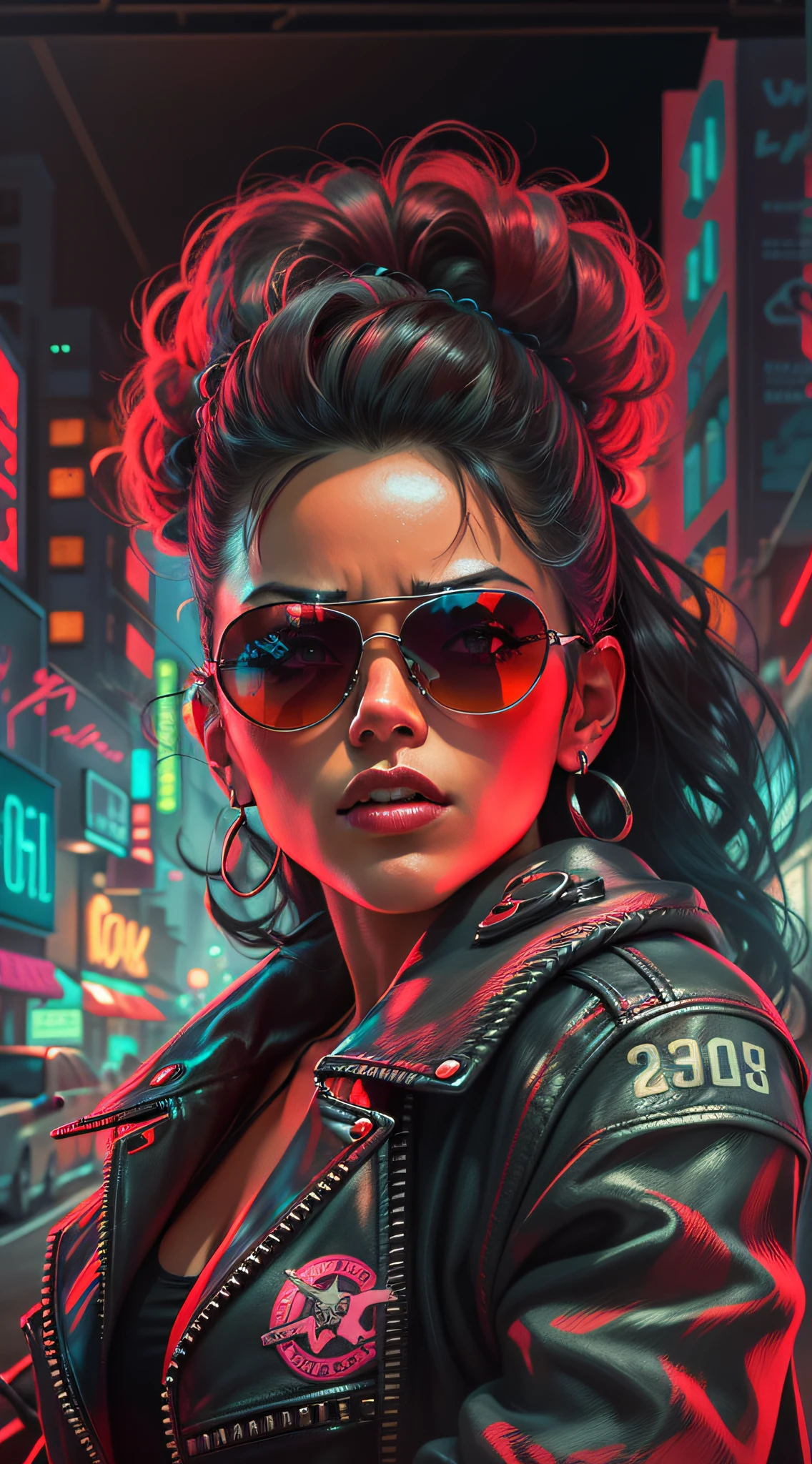 A woman in a leather jacket with red sunglasses and a city behind her, in the style of neon realism, charming characters, action paintings, gadgetpunk, solapunk, colorful street scenes, crimson and amber