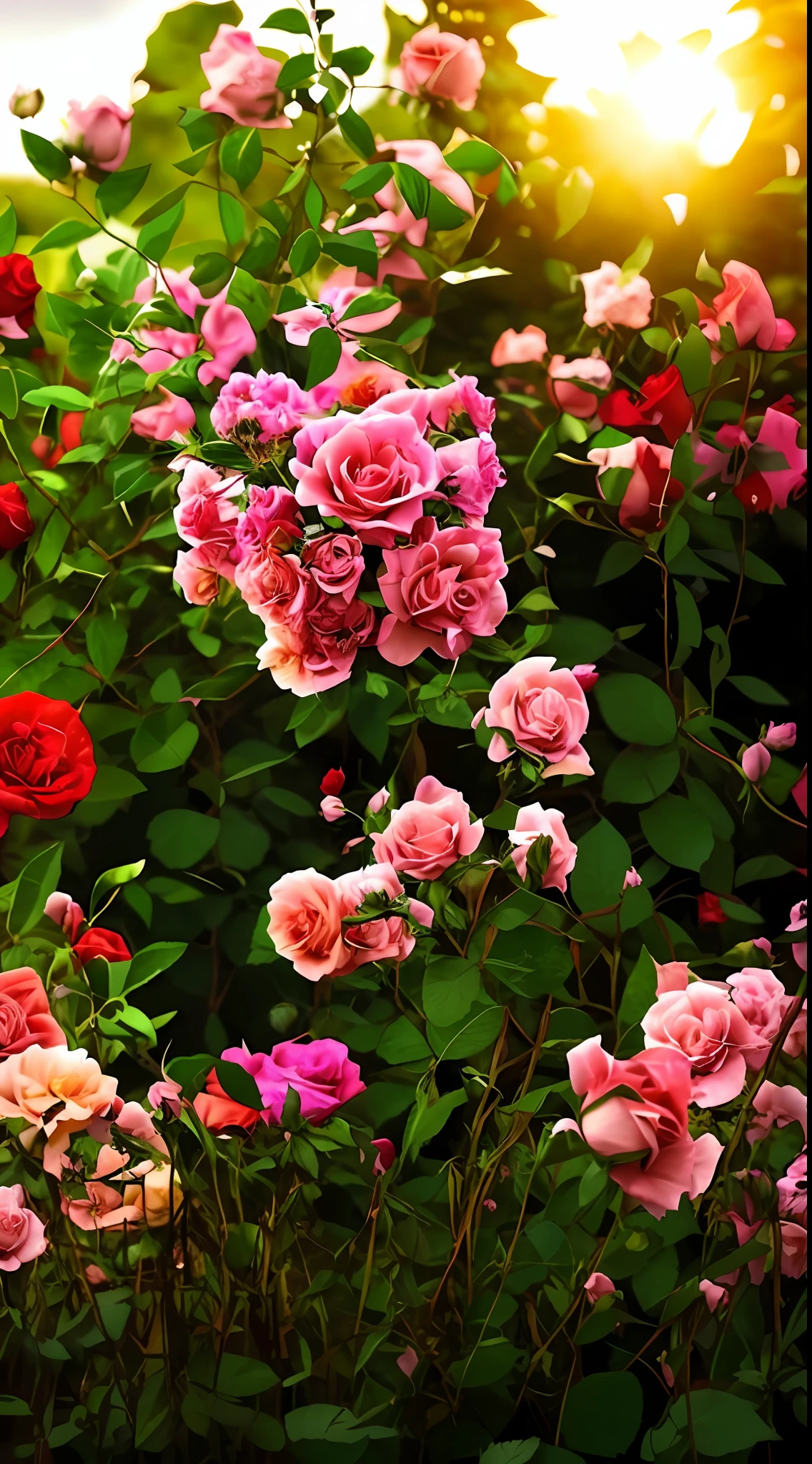 There is a cat sitting in the middle of a flower field, rosette, rose-brambles, Beautiful flowers, small red roses, a few roses, red blooming flowers, Pink flowers, Rose garden, lush plants flowers, roses in cinematic light, rose background, decorative roses, rosses, Full of flowers, Blooming flowers, laying on roses