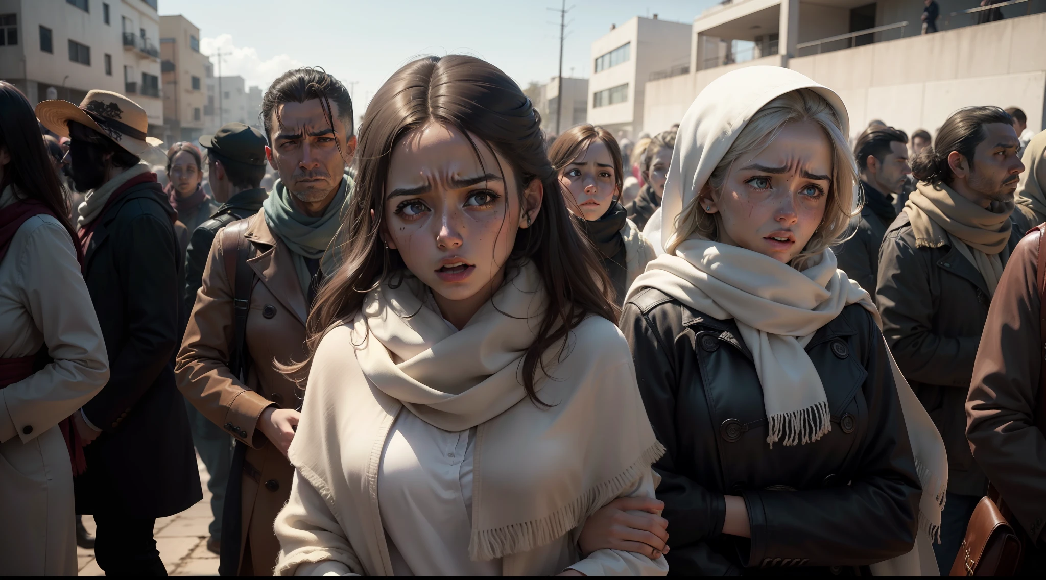 foto realista, mulher meia idade, whitish eyes, marks of tired expression, cabelos pretos liso ondulado, pele clara,, suja, casaco cinza, scarf around the neck, olhar triste chorando lagrimas suave,em desespero. Post-apocalyptic scenario, ambiente apocaliptco, a crowd in despair blurred in the background.