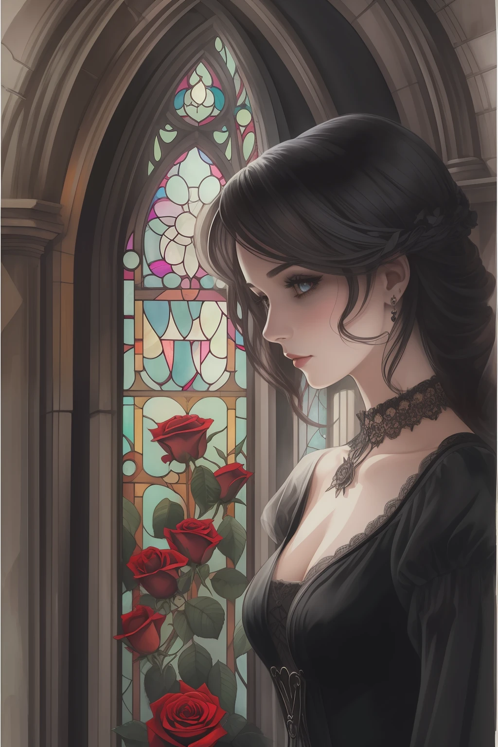 an elegant young woman in front of a gothic window, half portrait, rose wreath, perfect beauty, ghostly shadows, elaborated black dress, red rimmed eyes, detailed, line art, 
dark watercolor teardrop painting, splashes