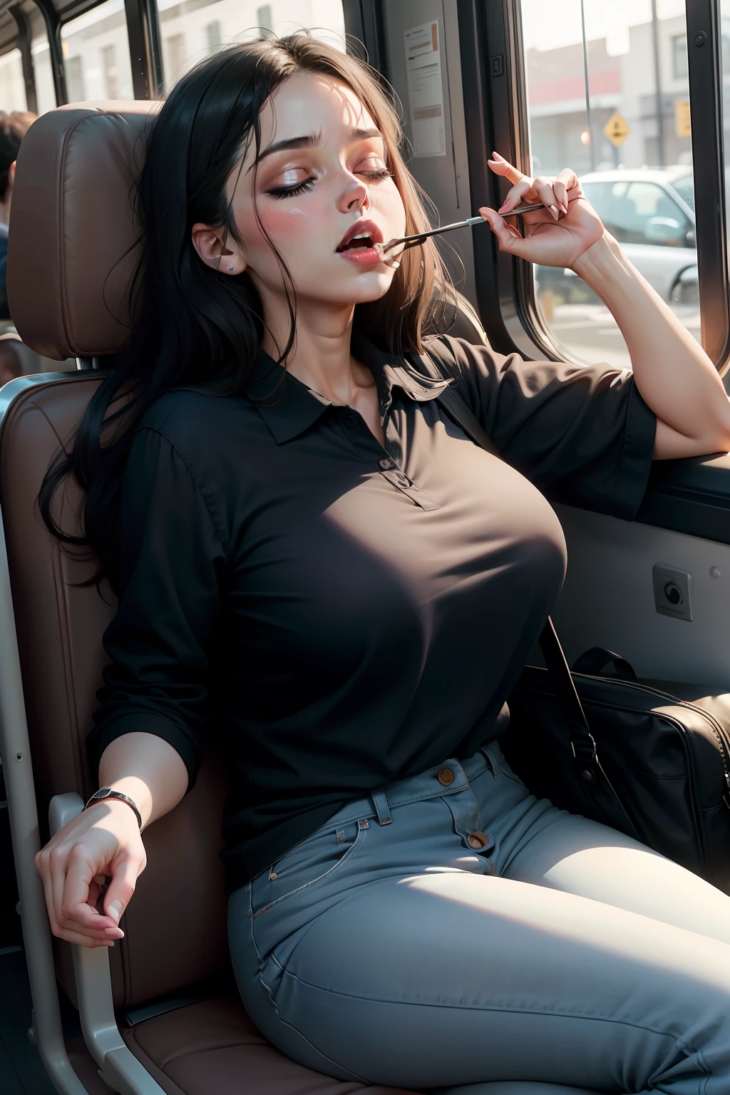 1 beautiful woman, 50-year-old lady, sleeping with her mouth open, eyes closed, painted eyelids, eyelids outlined with makeup, black hair, sleeping sitting on the bus, jeans, black polo shirt, big breasts, outlined eyes, drooling, snoring, passed out, black bag, head leaning against the bus window, sitting in the back seat of the bus, mouth wide open