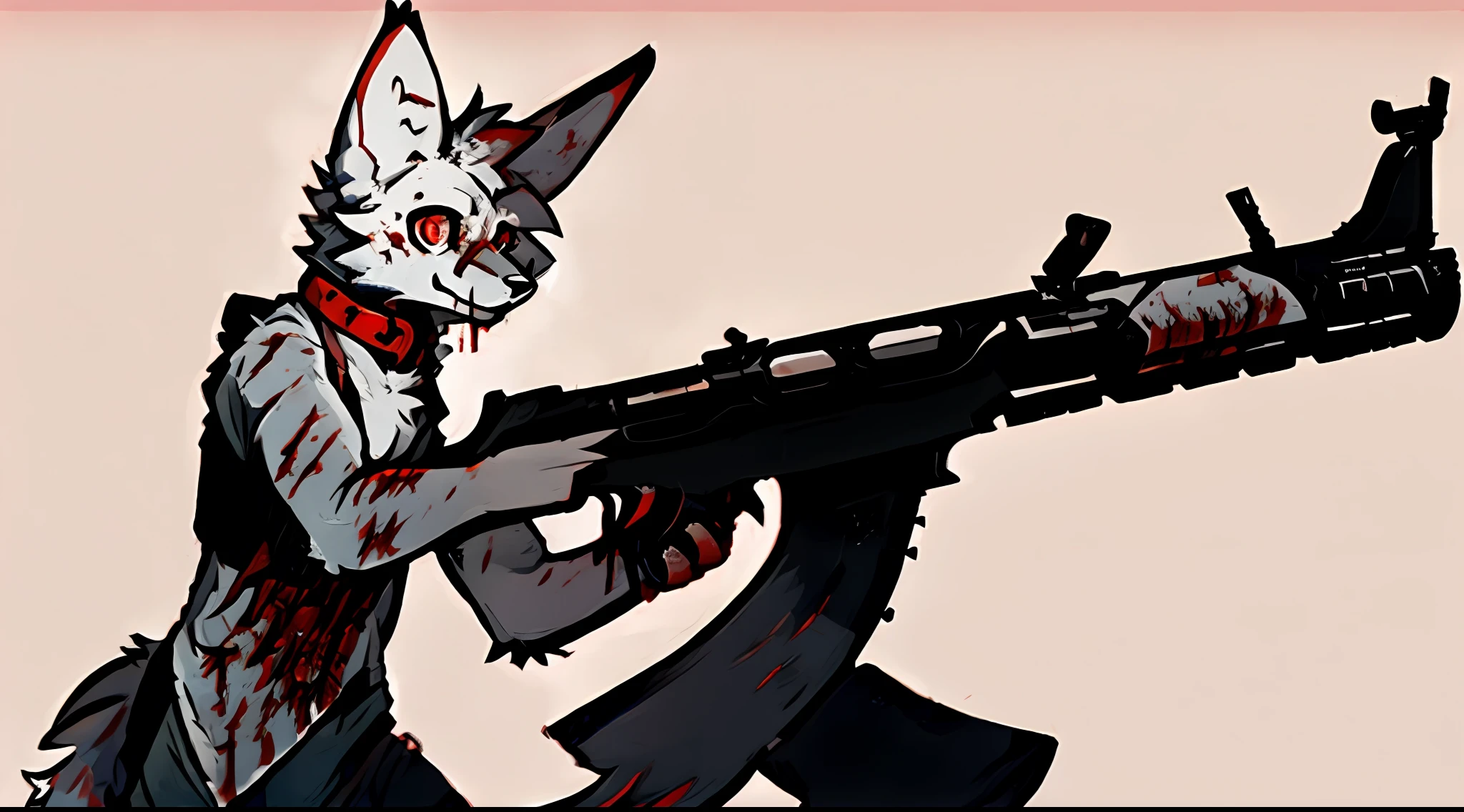 solo person,furry,werecreature,Male white wolf,Red fur,Red tail,White ears,Blood-red eyes,Red collar,musculature,male people,(The furry feeling of animal ears),With a firearm,commando,rifles