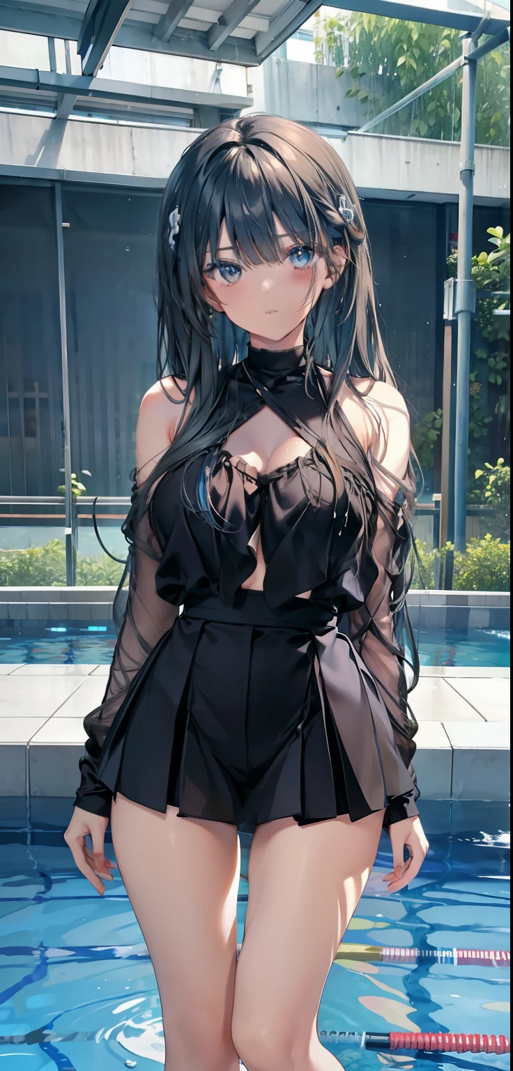 1 Girl, Watery Big Eyes*Sukumizu*Wet Hair*Hair Spread Out*Ear Stud*Swimming Pool, lora:add_detail, big chest, thick legs, big thighs, standing
