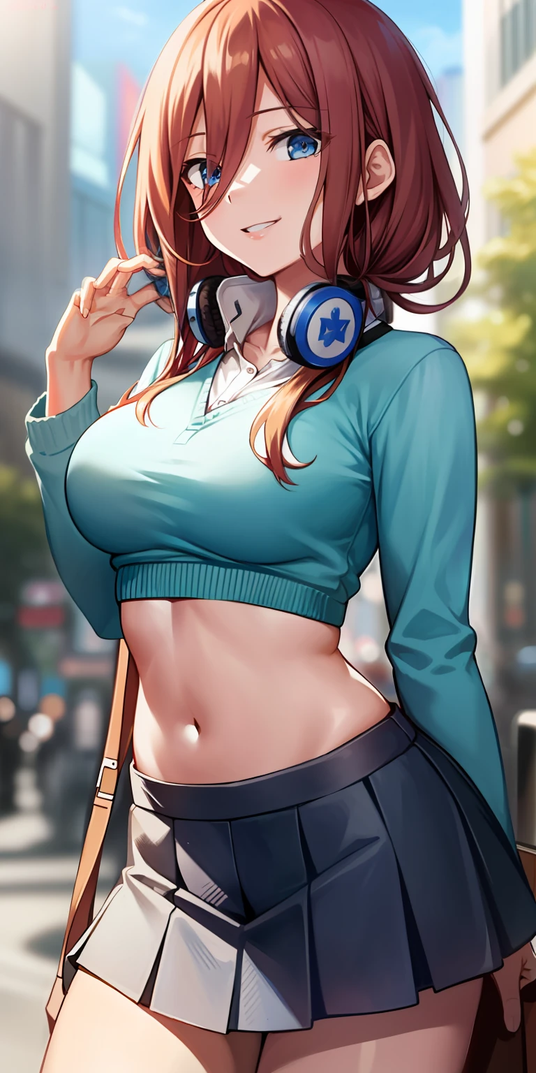 2d, masterpiece, best quality, anime, highly detailed, 1girl, solo, cowboy shot, nakano miku, brown hair, hair between eyes, blue cardigan, headphones, Crop top ,  skirt, miniskirt, medium breasts, standing, , outdoors, smile