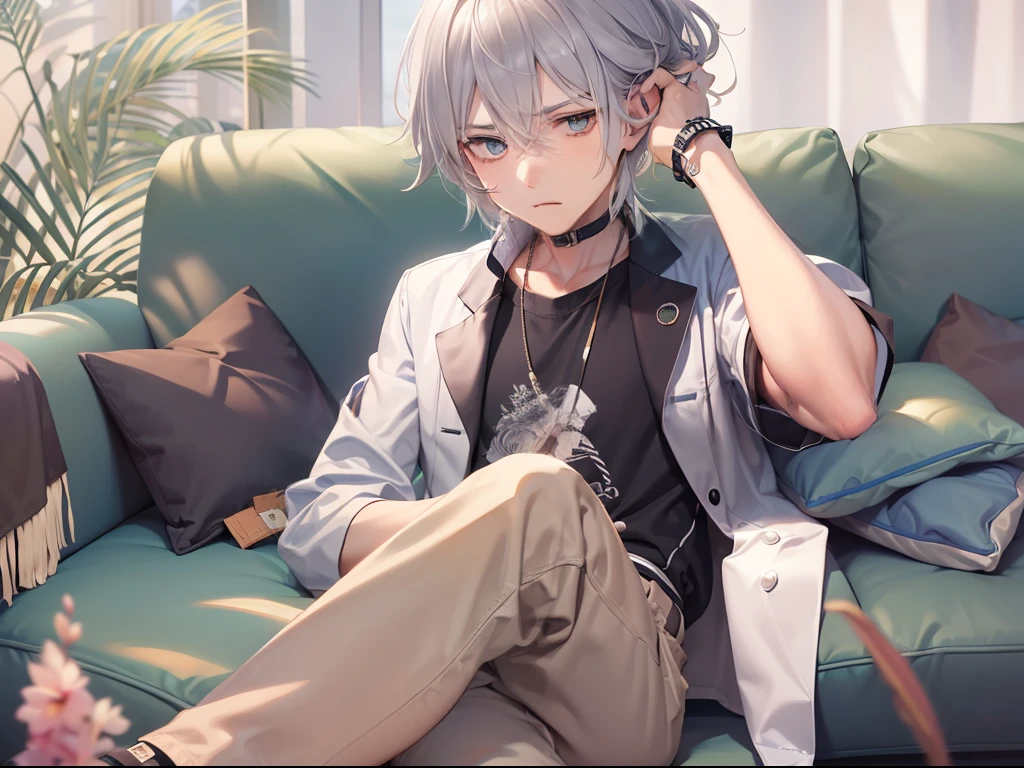 Best quality, tmasterpiece, A 28-year-old boy, Tall, wearing casual cloths, Short silver-white hair, The expression is helpless, sitting in the couch
