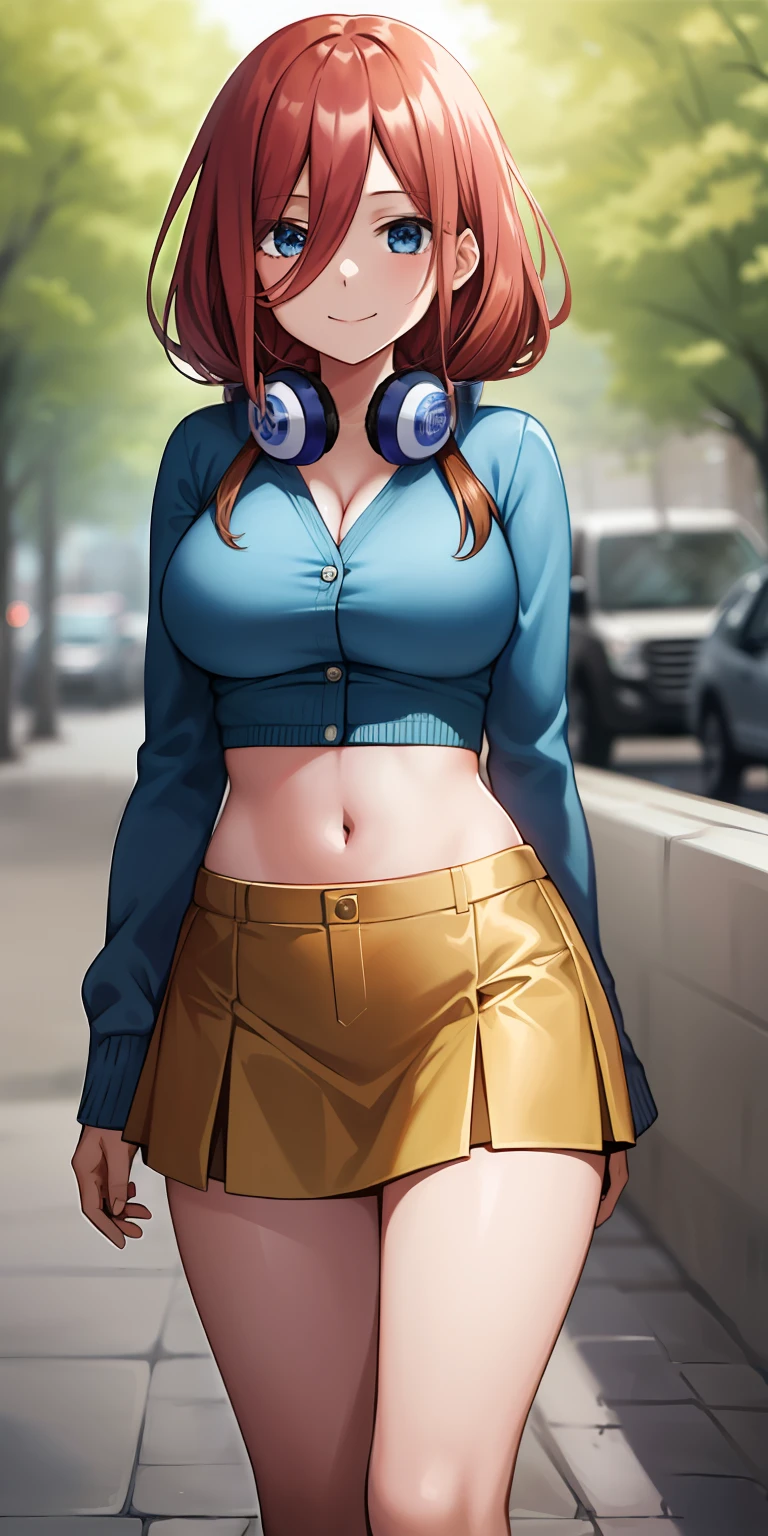 2d, masterpiece, best quality, anime, highly detailed, 1girl, solo, cowboy shot, nakano miku, brown hair, hair between eyes, blue cardigan, headphones, Crop top ,  skirt, miniskirt, medium breasts, standing, , outdoors, smile
