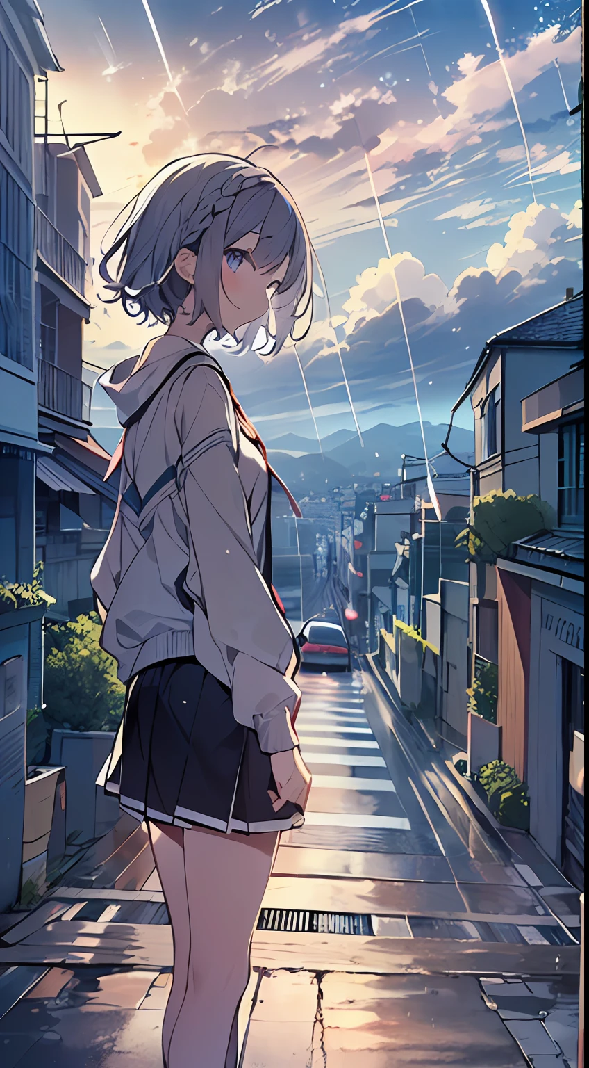 masutepiece, Best Quality,Illustration, Wallpaper, Ultra Detail, absurderes, 1girl in, Solo, (Medium short hair、short braided hair), Beautiful detailed eyes, after rain , (Street:1.3), Bright sky after rain、Hair that flutters in the wind,(a panoramic view:1.3),(Sense of depth:1.5),(longshot:1.3)