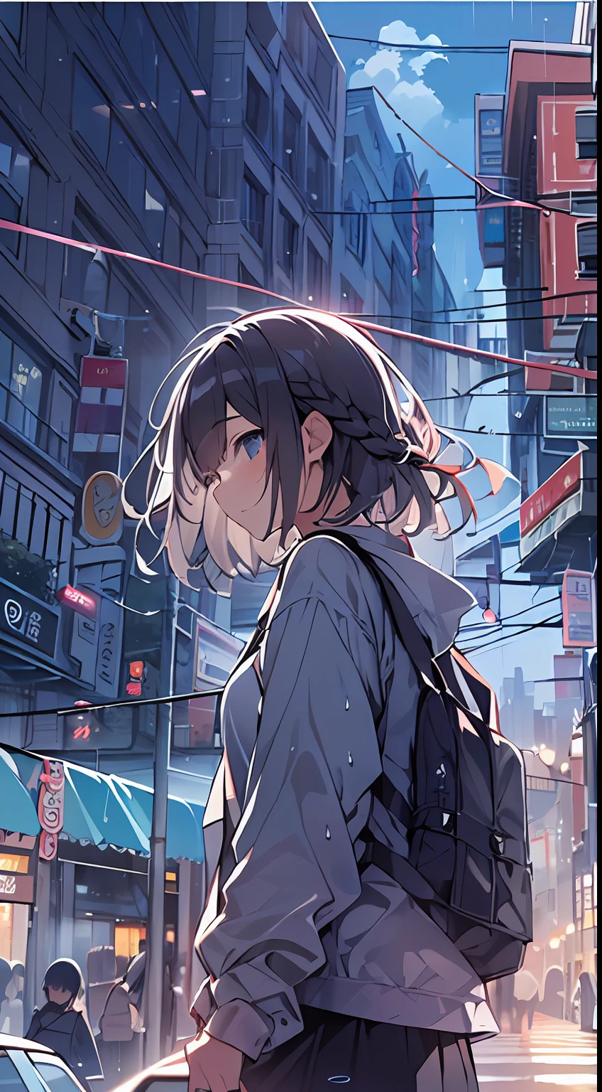 masutepiece, Best Quality,Illustration, Wallpaper, Ultra Detail, absurderes, 1girl in, Solo, (Medium short hair、short braided hair), Beautiful detailed eyes, after rain , (Street:1.3), Bright sky after rain、Hair that flutters in the wind,(a panoramic view:1.3),(Sense of depth:1.5),(longshot:1.3)