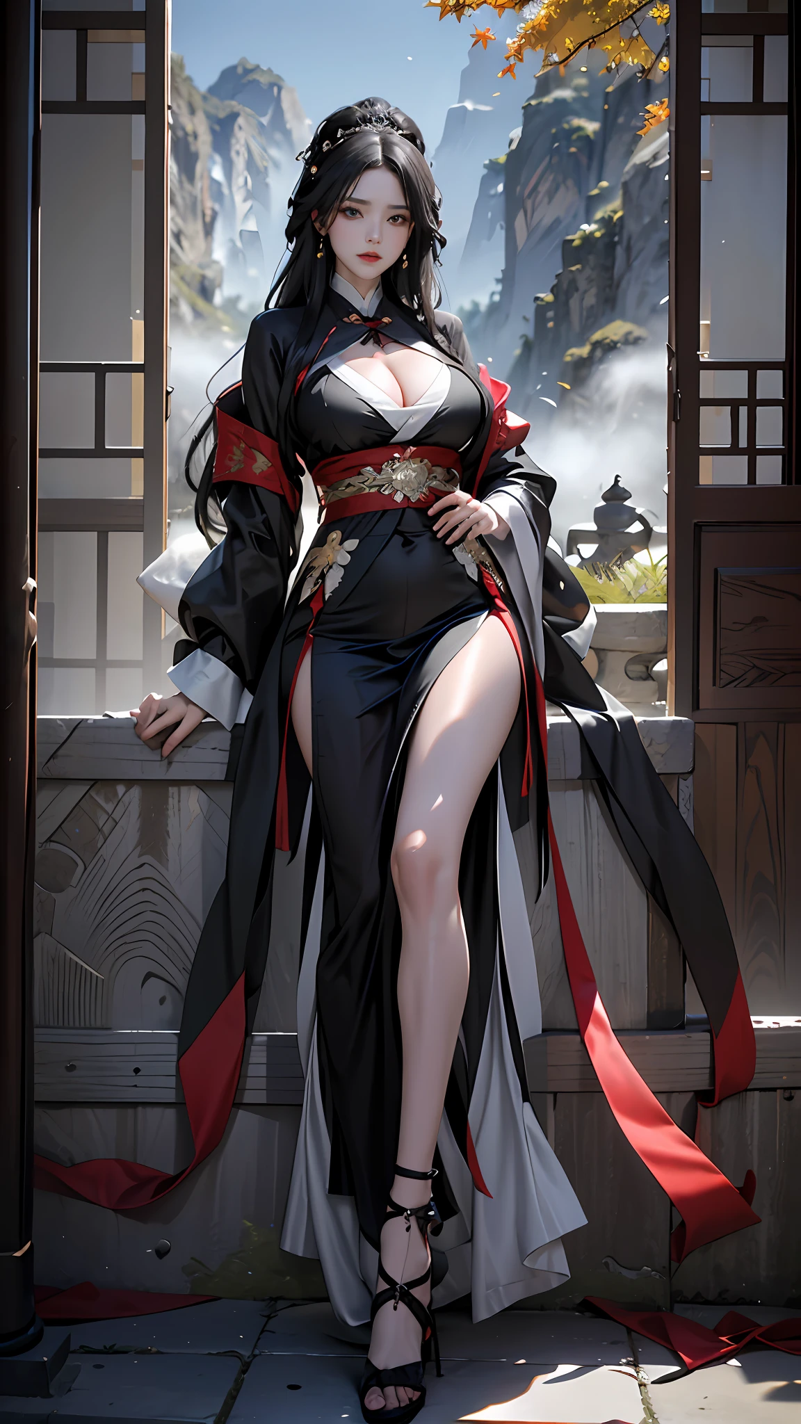offcial art,Unity 8k壁纸,ultra - detailed,aestheticly pleasing,big breasts beautiful,tmasterpiece,best qualtiy, mistic, romanticism lain, An air of terror, Literary, Artistically, Fashionab, Tang Dynasty era, decor, iintricate, Embroidery,Tulle coat,1girll,Black color hair,Gorgeous hair accessories,gigantic cleavage breasts,Open chest,Dramatic composition,电影灯光,dynamic viewing angle,Raised sexy,full of seduction,Maple Grove,Maple leaves fall,The clouds are thick,Dramatic composition,,Full body like,long leges,Raised sexy,big breasts enchanting,slim