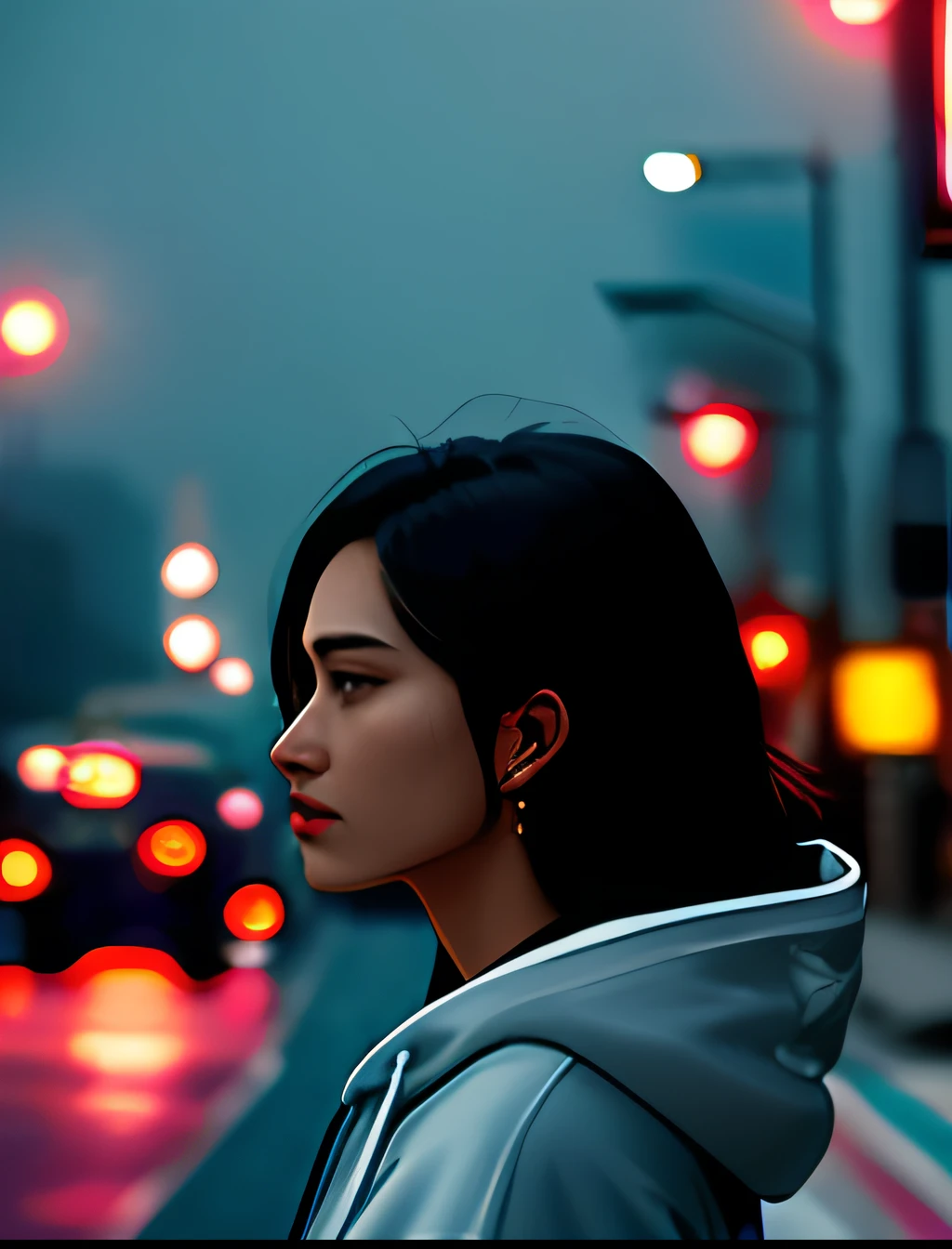 ((Masterpiece)), The girl's side face, Stand at a crosswalk at an intersection, Look at the traffic lights, Black hair, Incredible details, Black eyes and a beautiful and delicate face, Separate your lips., City recreation, Sense of science fiction, Look away., Rainy, Medium shot, Movie color, Film texture, A melancholy atmosphere, Hoodie, Wong Kar-wai style, Cinematic lighting, High detail, 8K