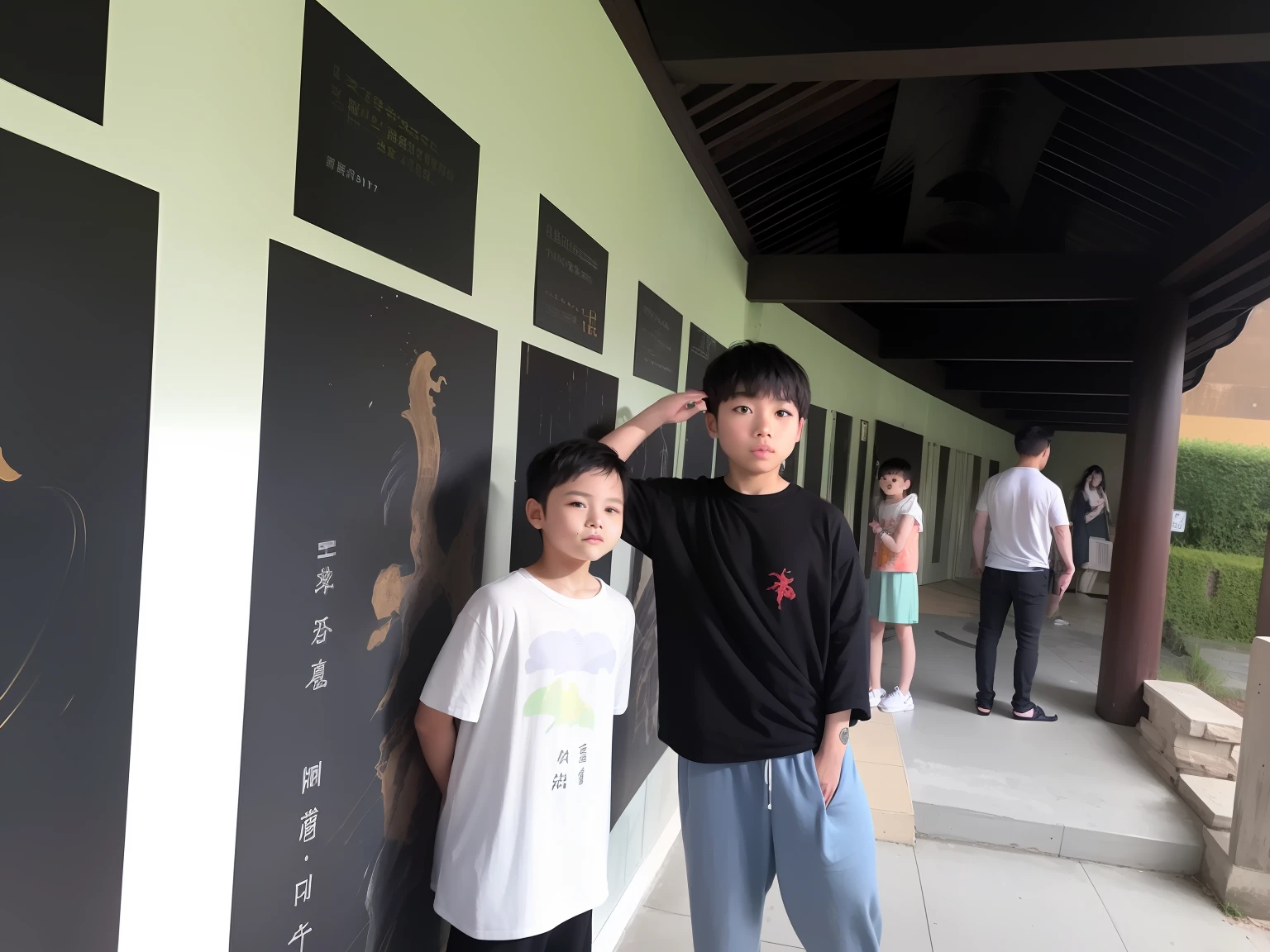 There are two boys standing side by side in front of the wall, Ruan Jia and Fenghua Zhong, yiqiang and shurakrgt, inspired by Zhang Zongcang, author：vivy, inspired by Ding Yunpeng, jinyiwei, qiangshu, author：Ann Text, Inspired by Ding Guanpeng, Student