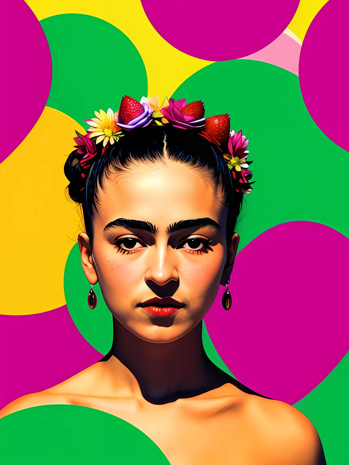 "Imagine uma obra de arte retratando um suculento, mMORANGO colorida, Bright as a rainbow. The MORANGO is the central point of the composition, com suas formas e contornos suaves, convidando os espectadores a apreciarem sua beleza. The color palette is vibrant and lush, with rich and vivid tones that blend harmoniously on the surface of the strawberry. Vermelhos intensos, laranjas brilhantes, amarelos dourados, verdes exuberantes, azuis profundos e roxos encantadores criam uma sinfonia de cores que envolvem a fruta. Small details of light and shadow add depth and realism to the image, Making the strawberry look almost palpable. Through this artistic representation, The strawberry turns into a symbol of vitality, frescor e alegria, cativando os espectadores e convidando-os a saborear sua beleza colorida." ,FRIDA KAHLO