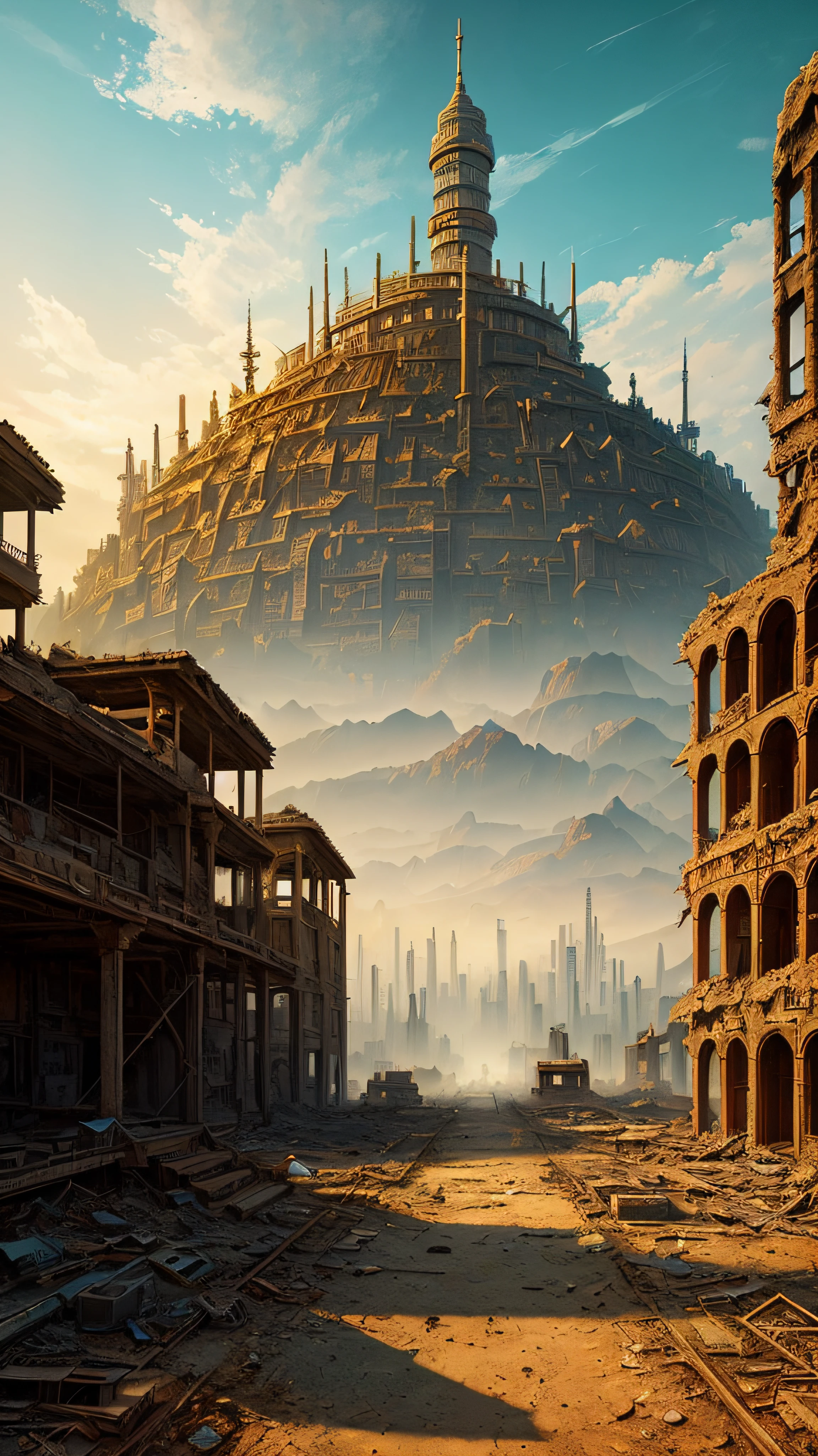 (Best quality,masterpeace),(hyperdetailed colourful),
A post-apocalyptic wasteland,The ruins of a once great civilization
,Perfectcomposition, Best Exhibition, (Golden ratio:1.2)
, hdr, Dramatic,Cinematic lighting, trending on artstationh,trending on CGSociety, Professional oil painting,huge detail,