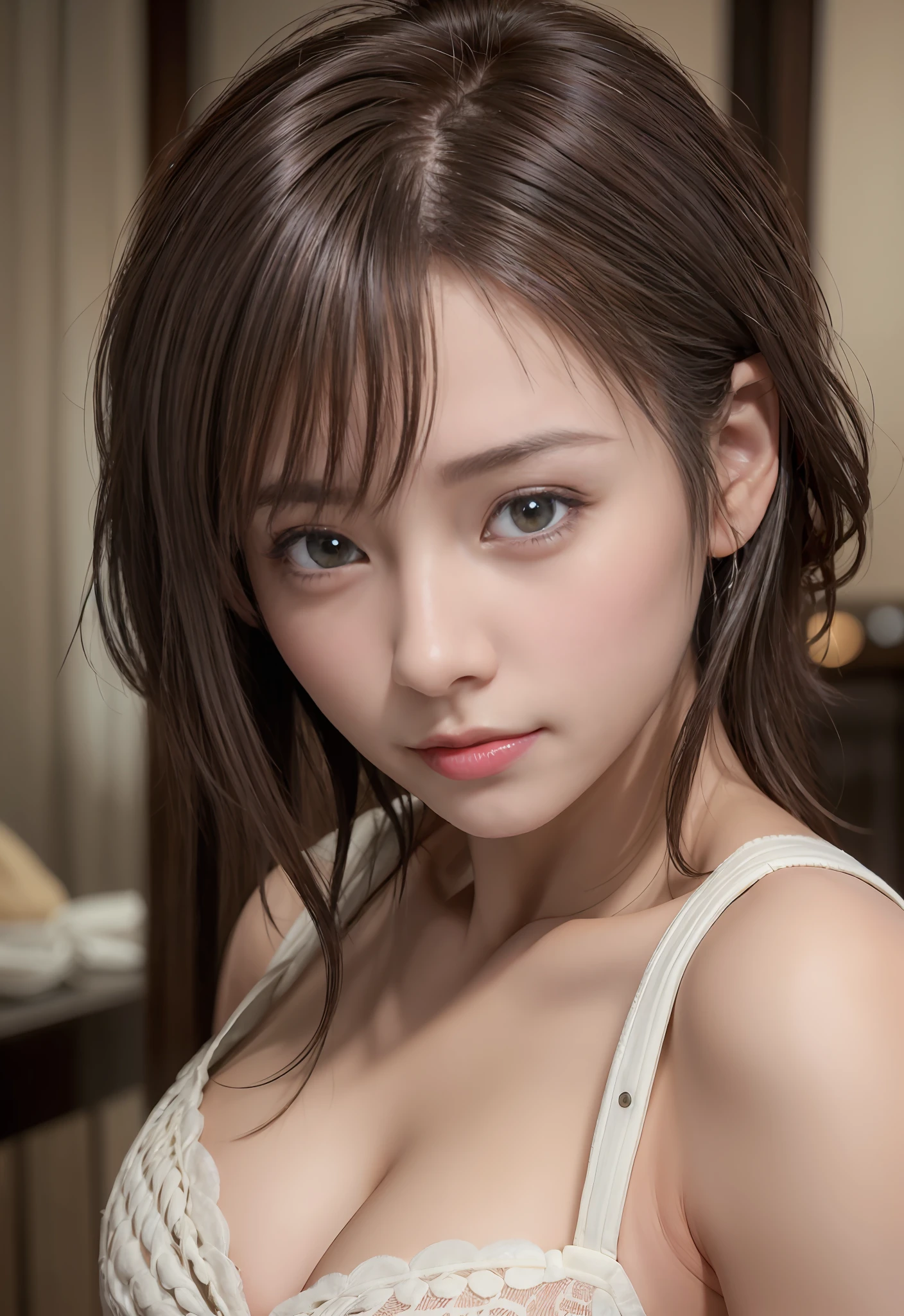 Night, RAW Photography, (((Very Beautiful Portrait))), (Very Beautiful Portrait))), 1 Girl, Sexy 25 Year Old Girl, ((Natural Brown Hair with Short Cuts)), [Brown Eyes],Gentle Smile Staring at the Camera(cleavage), ((Masterpiece, Best Quality, Ultra Detail, Cinematic Lights, Intricate Detail, High Definition, 8k, Very Detailed)), Detail Background, 8k UHD, DSLR, soft lighting, high quality, film grain, fujifilm XT3, shallow depth of field, natural light, perfect face