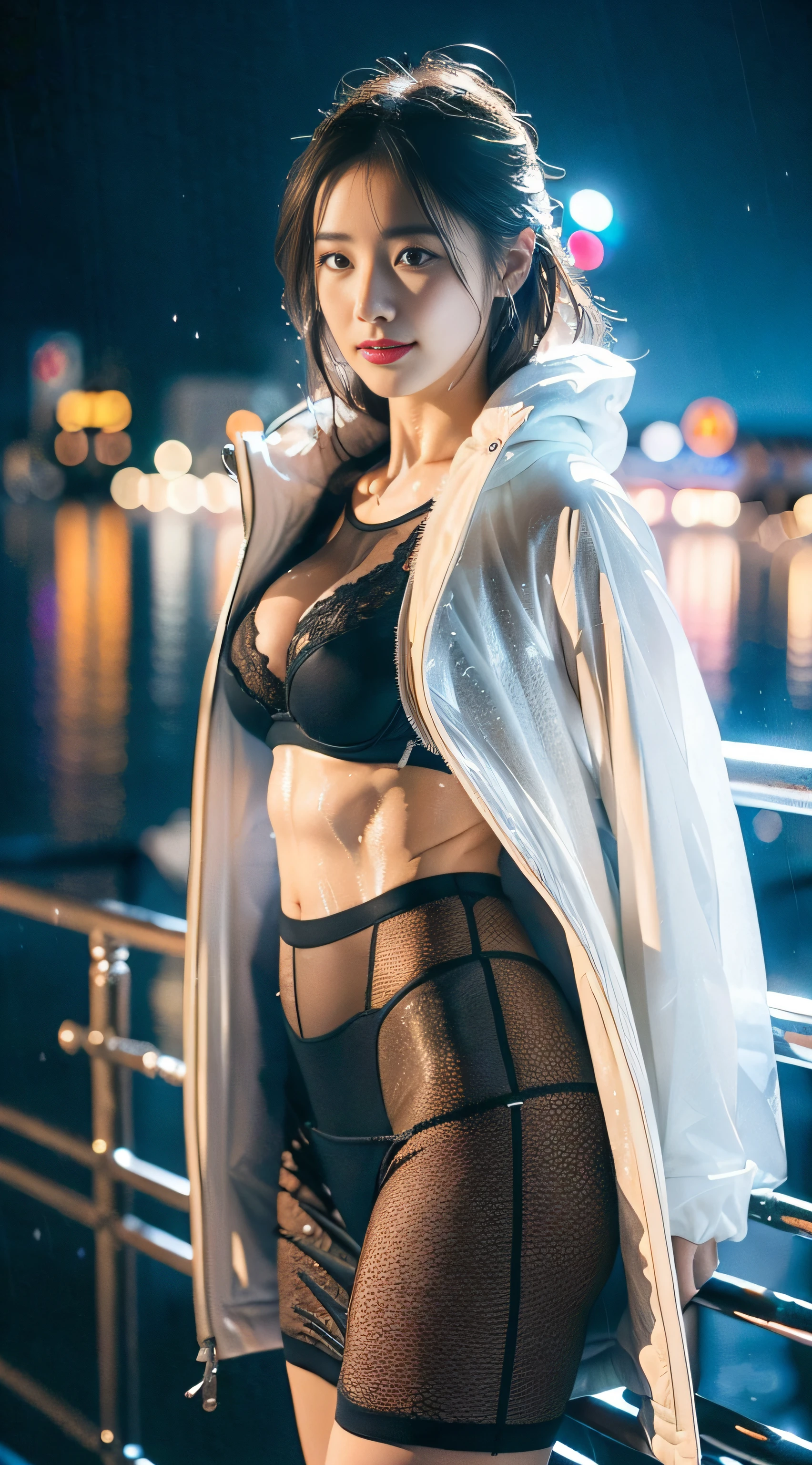 ((best qualtiy, 8K, tmasterpiece:1.3)), Focus:1.2, perfect figure beautiful woman:1.4, Cocked buttocks:1.2, ((Cut hair in layers, Beautiful breasts:1.2)), (wetclothes:1.5) , (rain:1.3), Ultra-sexy ultra-short transparent breast patch:1.1, Highly detailed facial and skin texture, A detailed eye, 二重まぶた,Whiten skin,long whitr hair,((White plush coat)),Lace,(short skirt),(Clear eyes),(Clear nose),(Clear lips),(Fair skin),(Ultra-realistic textile textures),the night,city night scene,Qixi Festival,Magazine scanning,Cinematic lighting
