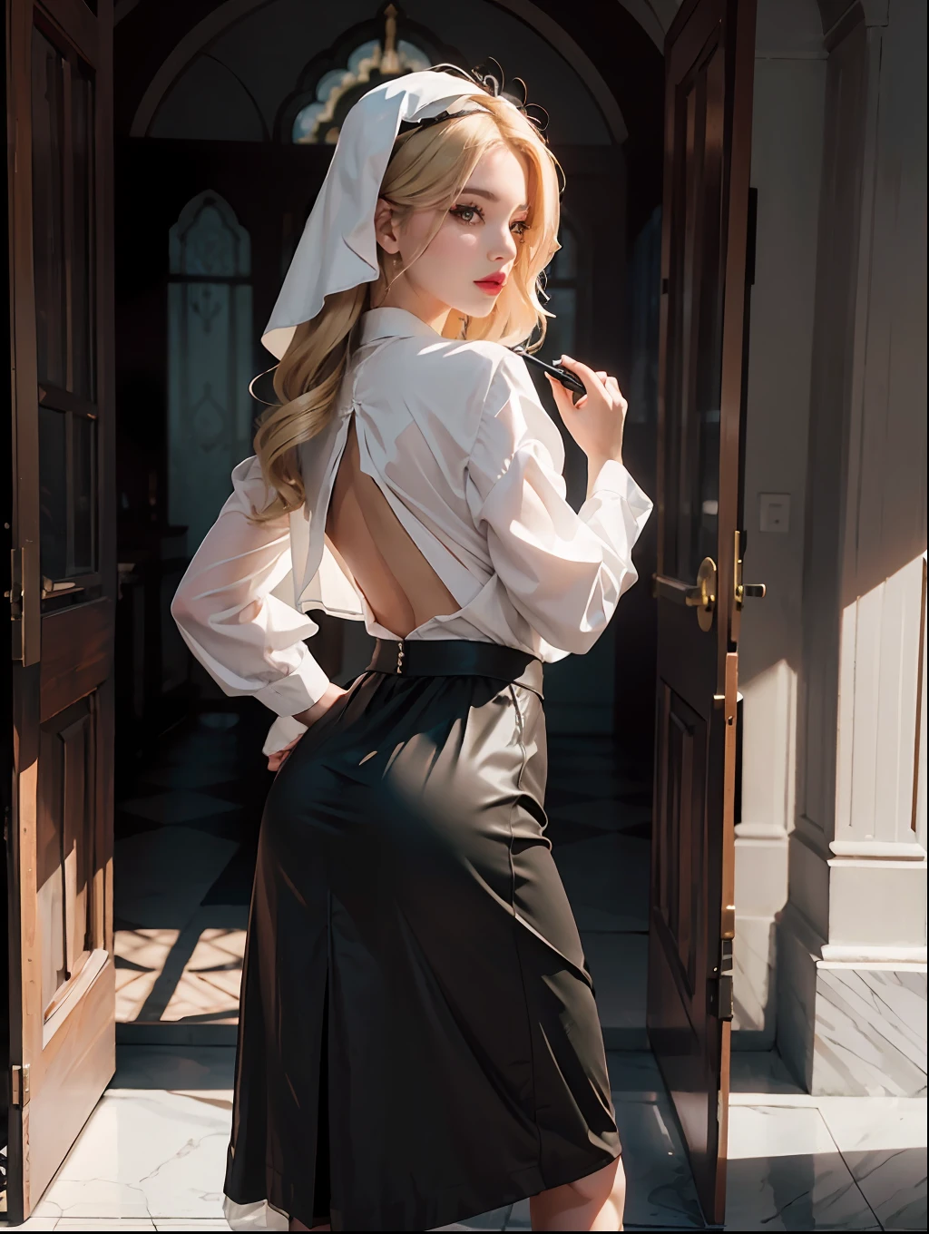 (tmasterpiece:1.2), (best qualtiy:1.2), perfect eyes, s the perfect face, Volumetriclighting, 1girll, Sexy mature nun, , Fitted maxi skirt, Tulle robe, blond hairbl, pauldrons, Supreme staff, stern expression, fanciful, exteriors, detailed back ground, putting makeup on, lipsticks, eye shadows, mascara, thick eyeslashes,full bodyesbian,embarressed,