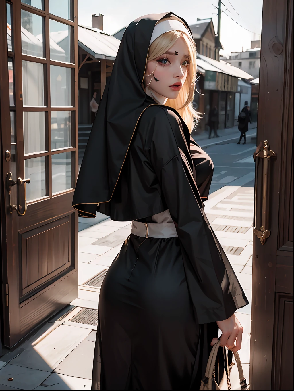 （tmasterpiece：1.2）， （best qualtiy：1.2）， perfect  eyes， s the perfect face， Volumetriclighting， 1girll， Sexy mature nun， ， Fitted maxi skirt， Tulle robe， blond hairbl， pauldrons， Supreme staff， stern expression， fanciful， exteriors， detailed back ground， putting makeup on， lipsticks， eye shadows， mascara， thick eyeslashes，full bodyesbian，embarressed，