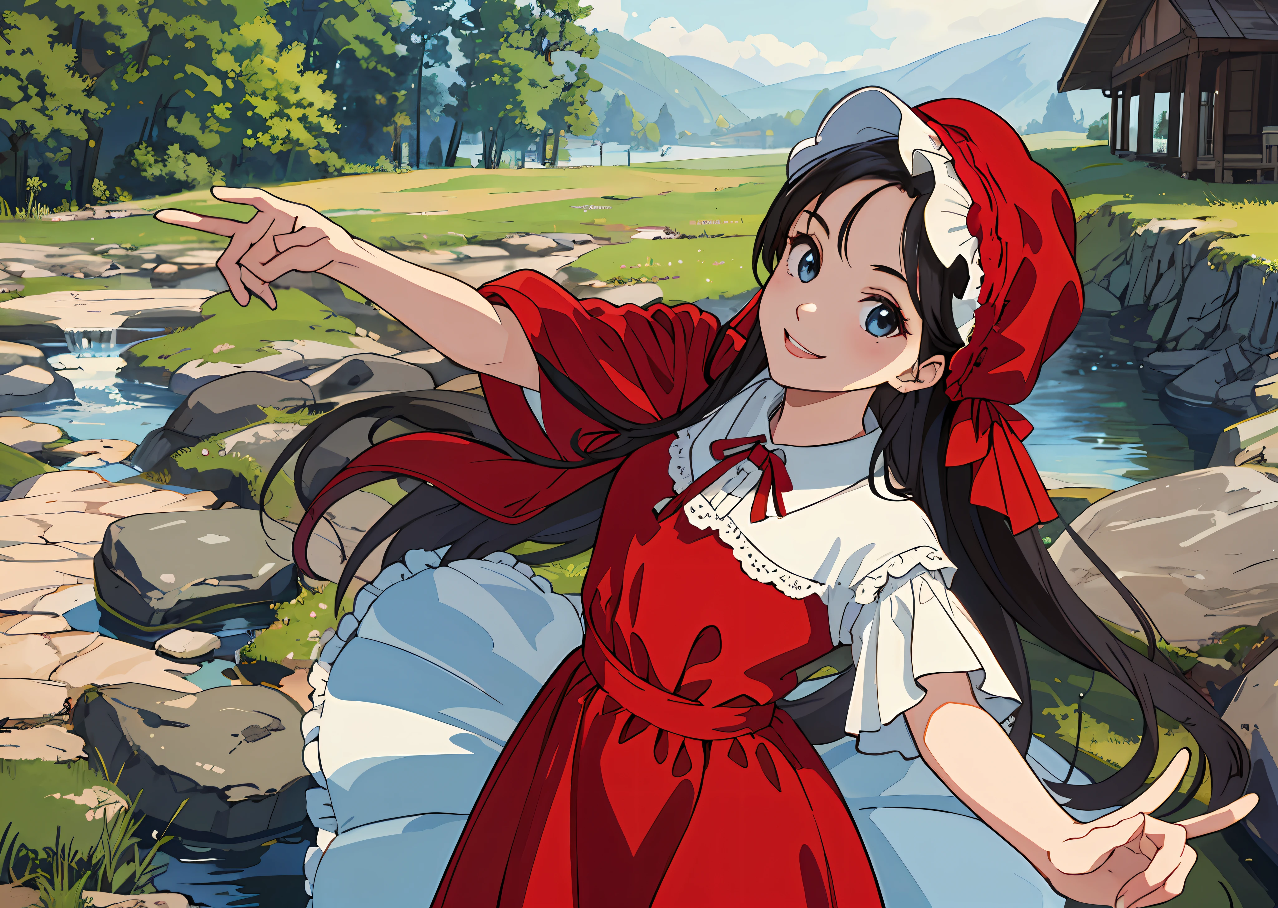 (masterpiece, best quality), 1girl, smiling, pretty, taking a selfie, outdoors, beautiful face, bonnet, red dress