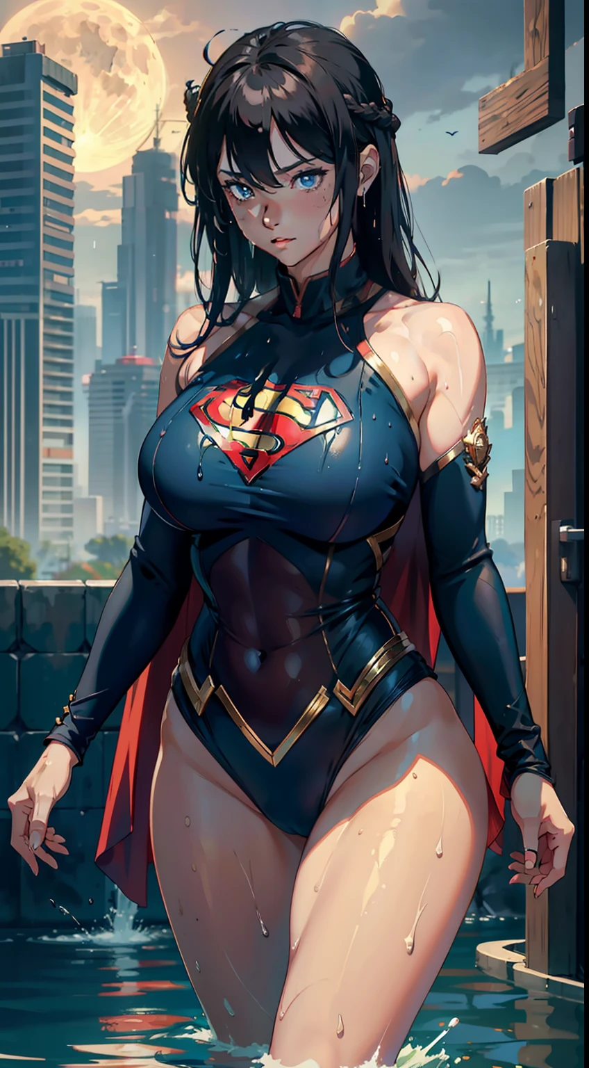 1girll，Huge breasts，Supergirl， Wearing a Superman uniform，独奏， hair adornments， She's wet， ，A defiant expression，， Skysky，the night，themoon， She has long flowing hair， exposed bare shoulders， standing on your feet，Bigchest， wetclothes， From the front side， hair straight， mostly cloudy sky， Wet hair （（（tmasterpiece），（Very detailed CG unity 8K wallpaper），best qualtiy，，独奏，1girll，cinmatic lighting，detailed back ground，beatiful detailed eyes，Bright pupils，（Very fine and beautiful），（Beautiful and detailed eye description），ultra - detailed，tmasterpiece，）），facing at camera，Protruding underparts，Camel toes，absurderes，A high resolution，ultra - detailed），she is soaking wet，1girll，独奏，mature，（Very long hair，brunette color hair）Emotive expressions，Open-mouthed，Pussy bulge，Camel toes，Protruding ，extremely large bosom，Raised sexy，Colorful，Most detailed，exteriors，fully body photo