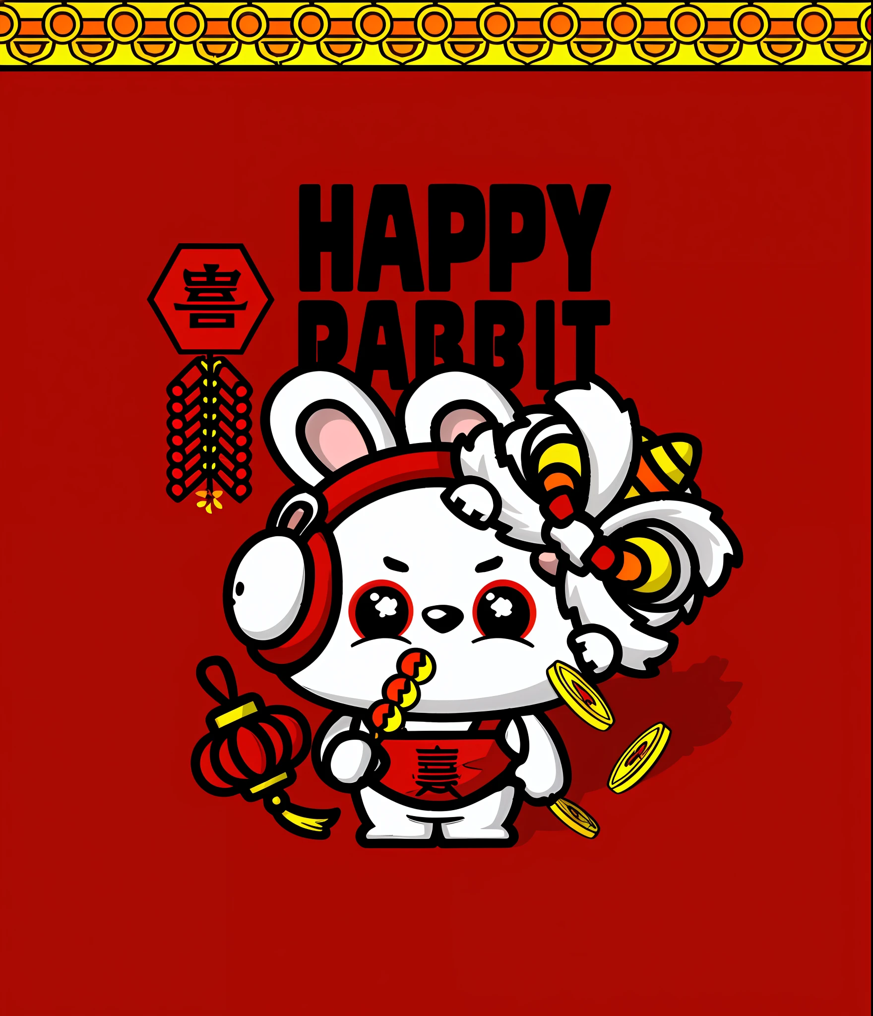 Happy rabbit with Chinese New Year decoration, cute anthropomorphic bunny, cheerfulness,Rabbit_Bunny, Rabbit,mascot illustrations, Cute detailed digital art, Chinese New Year Cute cartoon image, adorable digital art, anthropomorphic rabbit, Official illustration, red and white color theme