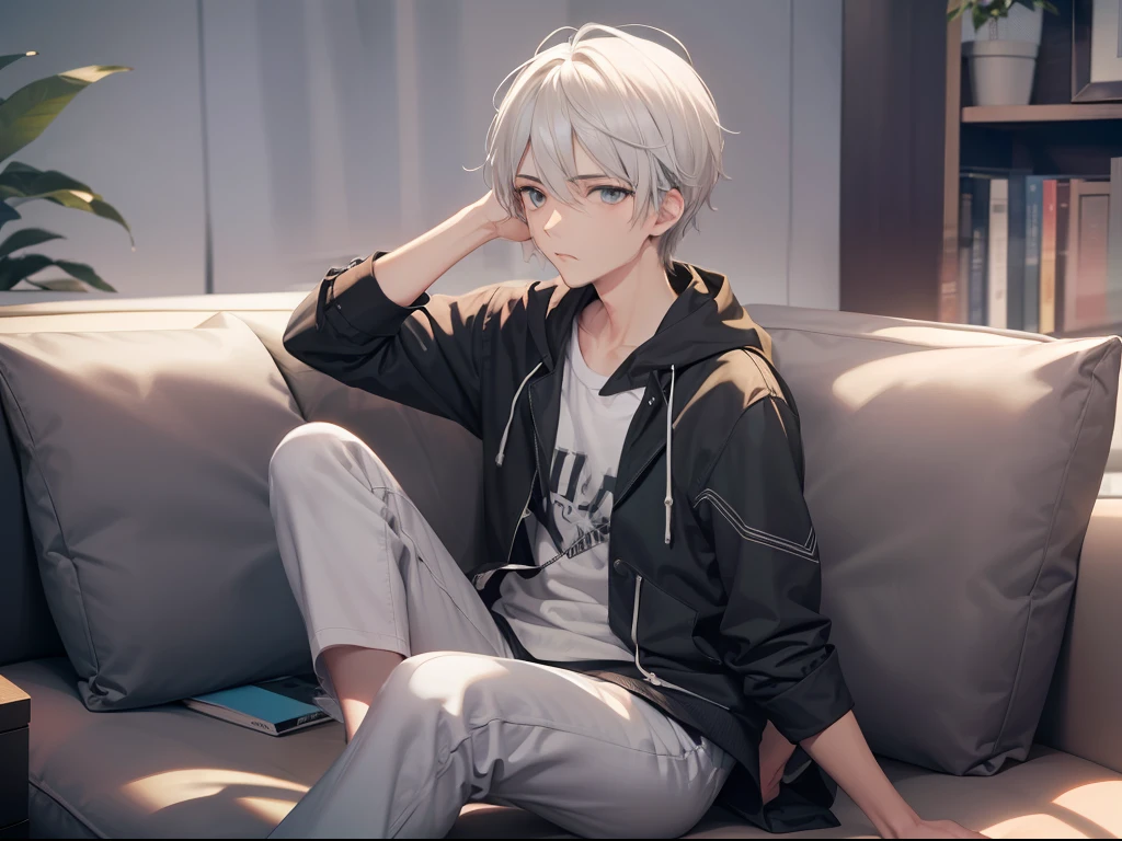 Best quality, tmasterpiece, A 28-year-old boy, Tall, wearing casual cloths, Short, gray-white hair, The expression is helpless, sitting in the couch