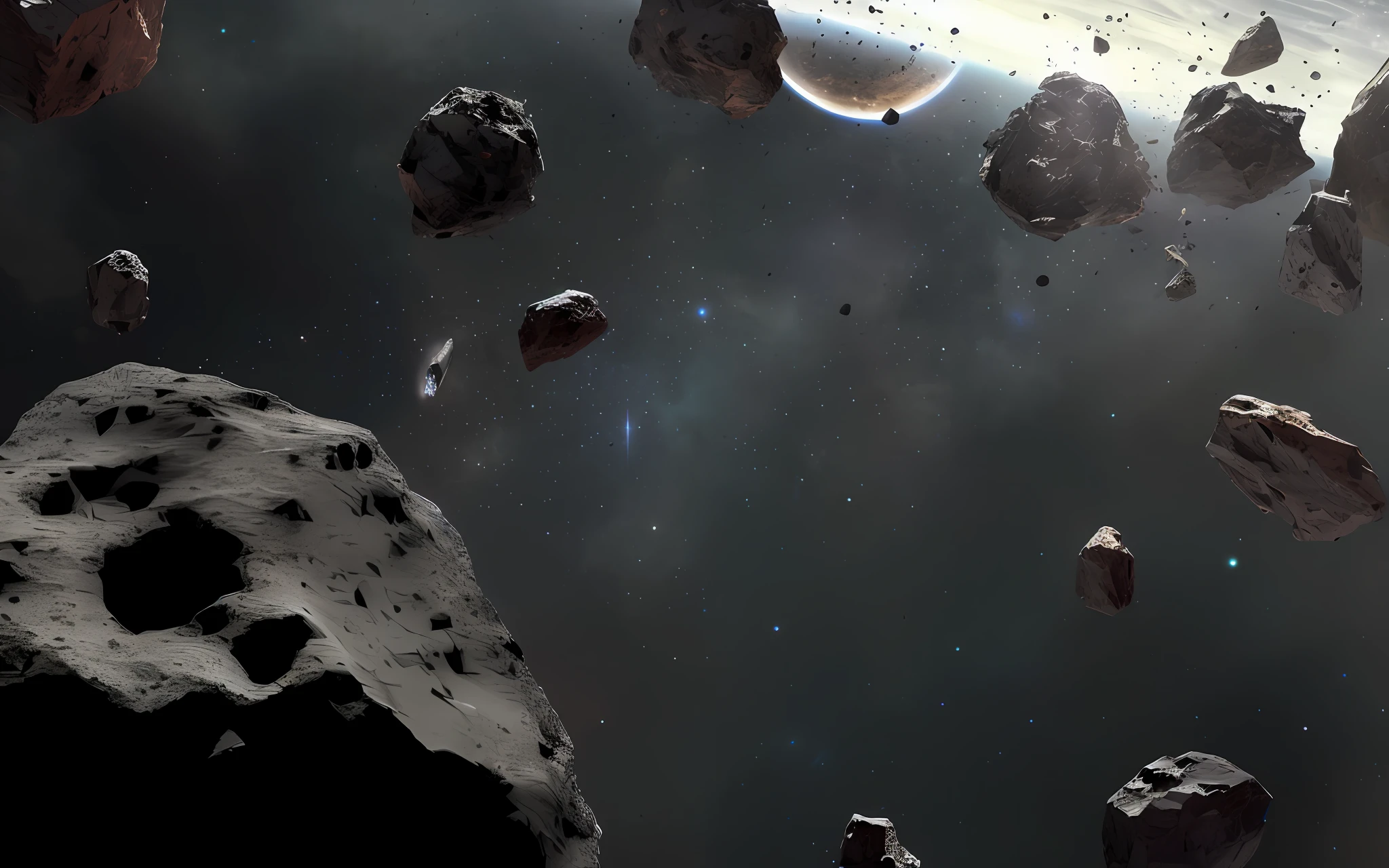 There are a lot of small stones and small stones in the space, asteroids realistic cinematic, asteroids, On the surface of an asteroid, The asteroid belt in the distance, Asteroid belt, star citizen concept art, metallic asteroid, star citizen digital art, Meteor Fall, spaceships flying in background, meteors are falling from the sky, spaceships flying around, cinematic space scenery