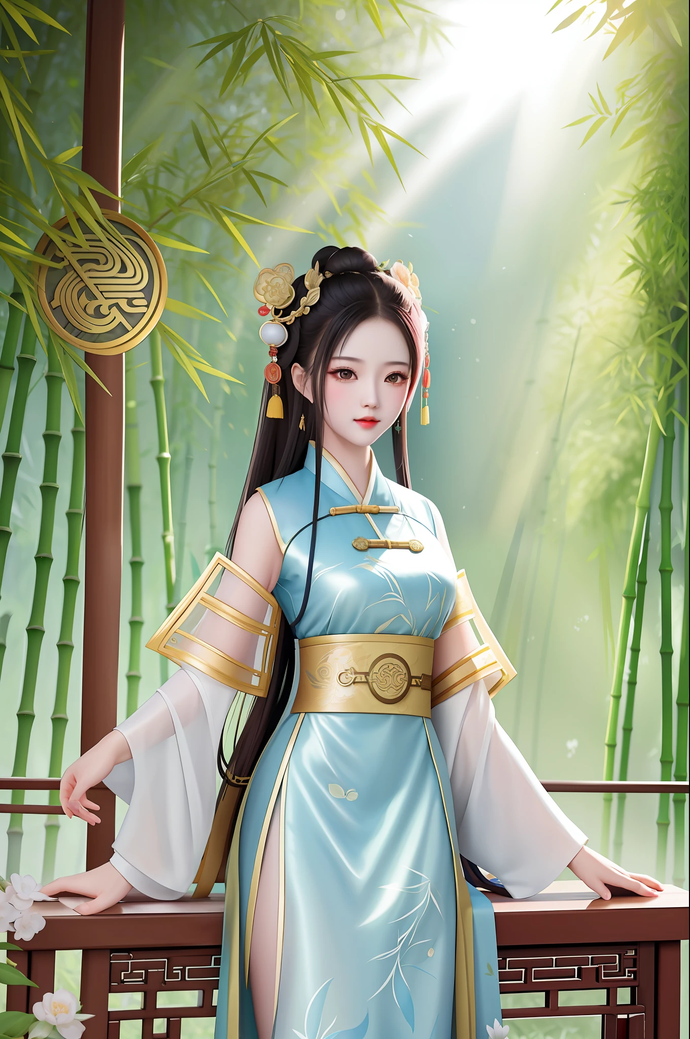 one-girl， Ancient Chinese clothing， full bodyesbian， rays of sunshine， Clear face， Bamboo forest as the background， tmasterpiece， super detailing， Epic composition， hyper HD， high qulity， extremely detaile， offcial art， Uniform 8k wallpaper， super detailing， 32k
