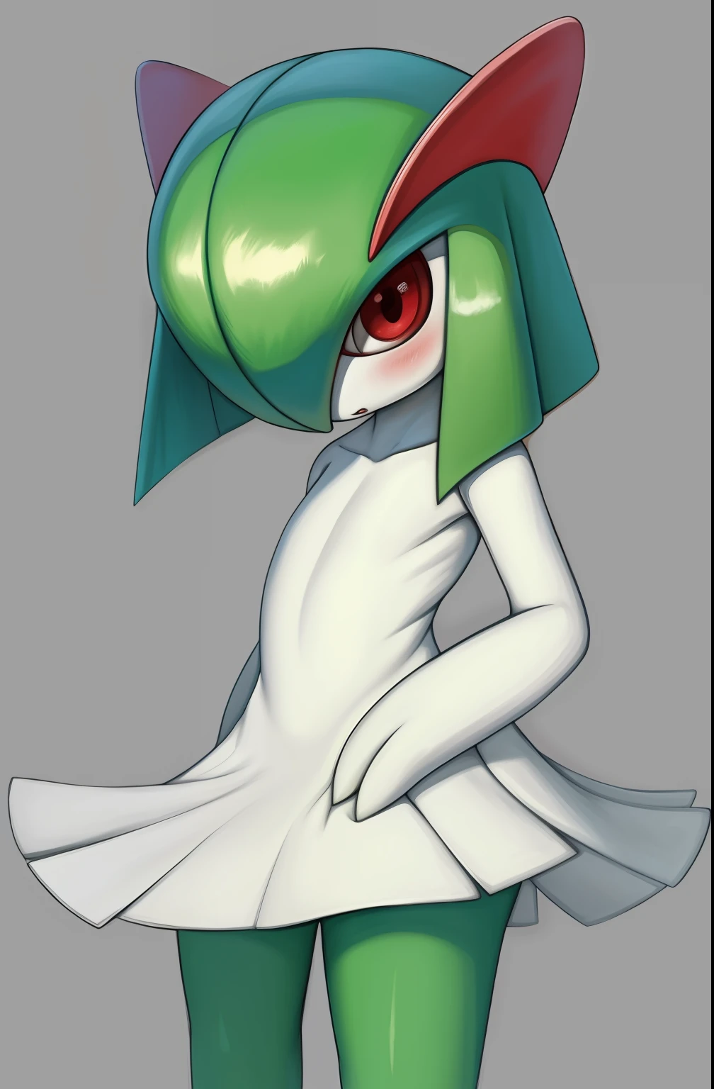 obra maestra, mejor calidad, 1 girl in, solo, kirlia, cabello verde, ojos rojos, vestido blanco, piel verde, cabello corto,chelodoy art style, focus, nsfw