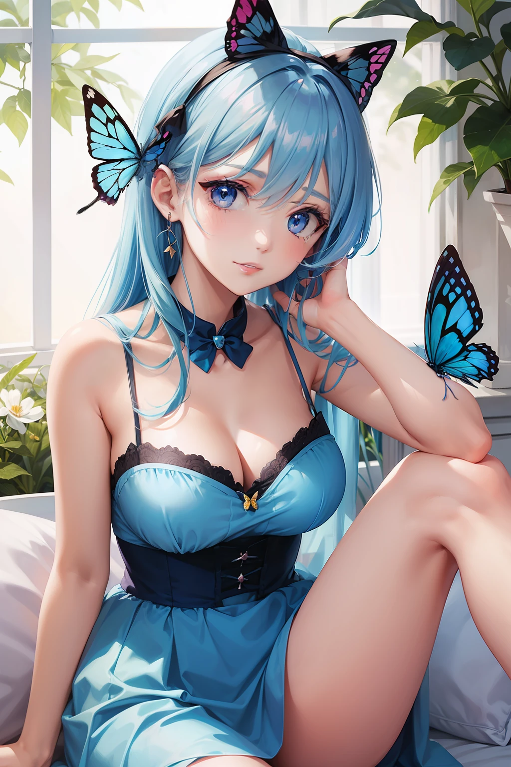 a women, blue butterfly, blue hair, pink eyes, blue dress